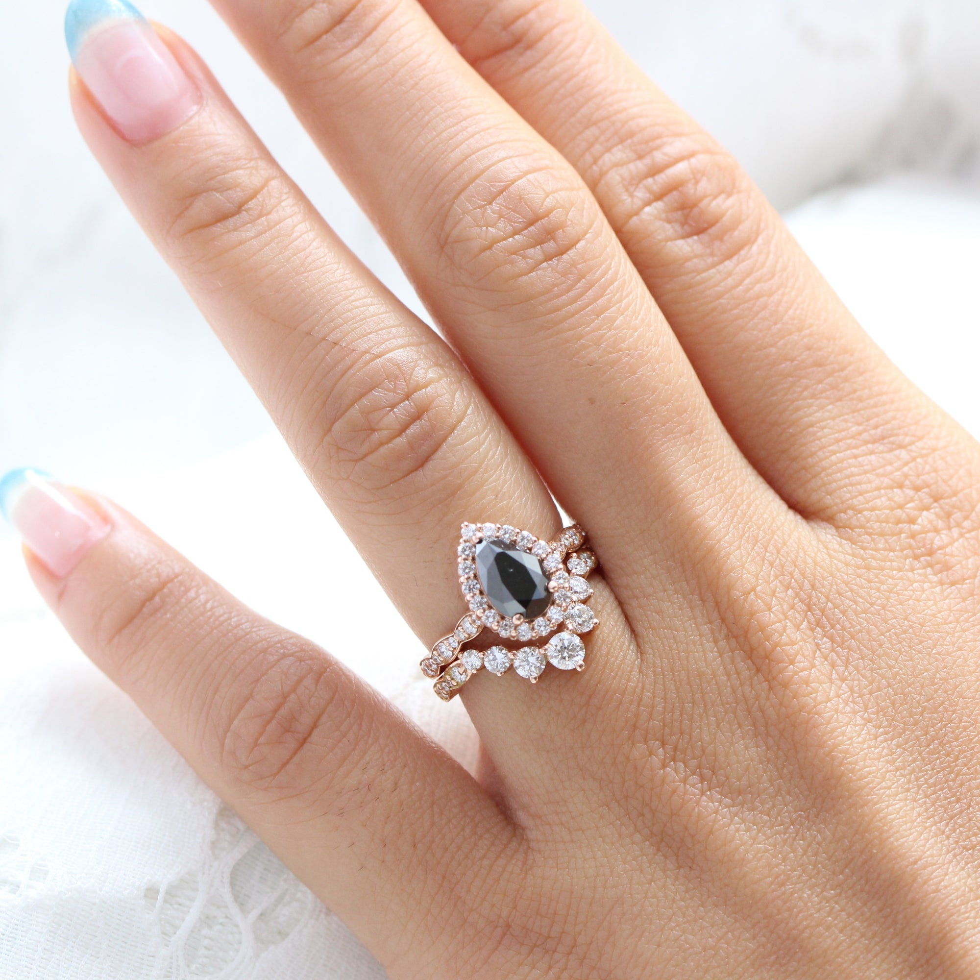 Pear black diamond engagement ring rose gold large diamond wedding band bridal ring set la more design jewelry