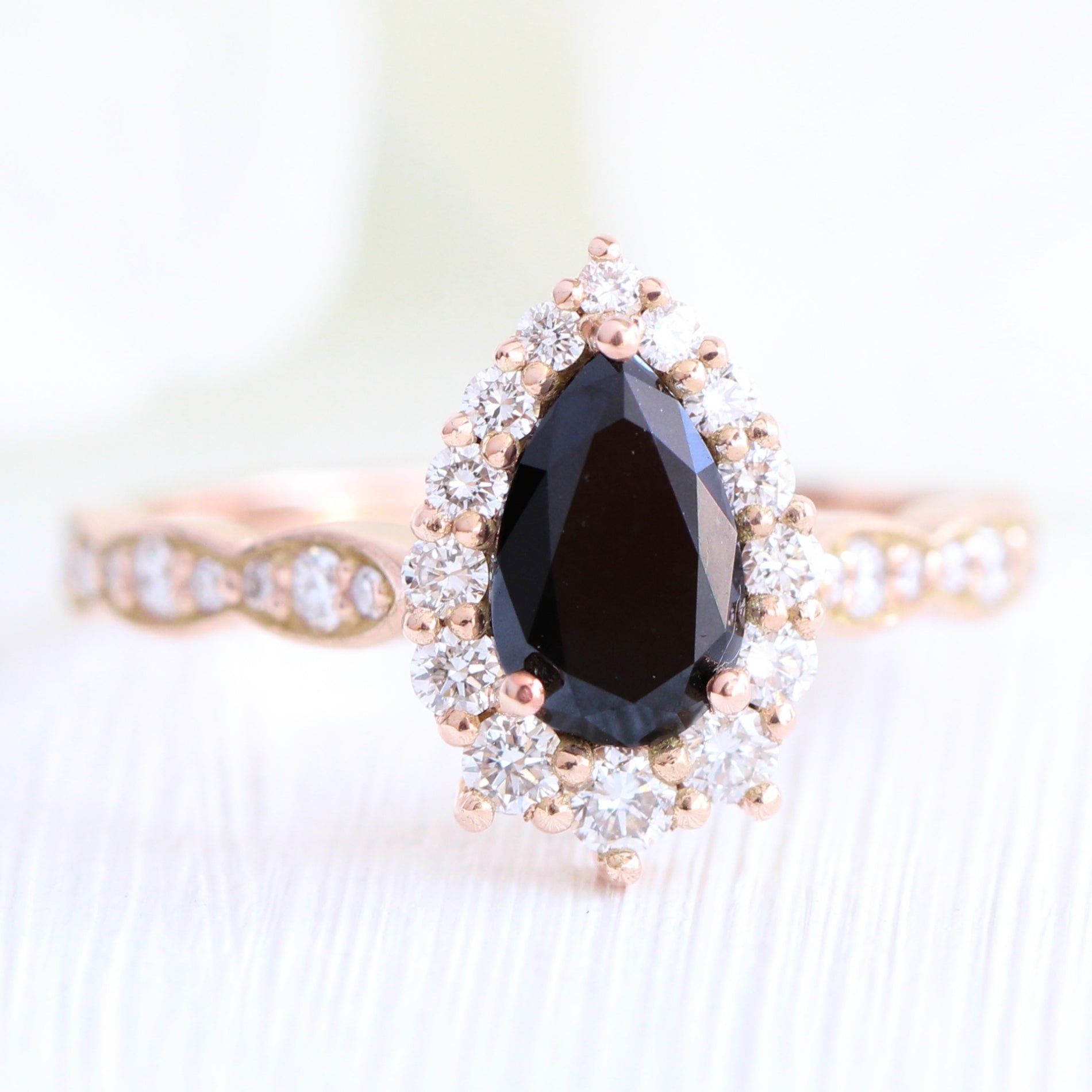 Pear black diamond engagement ring rose gold large halo ring la more design jewelry