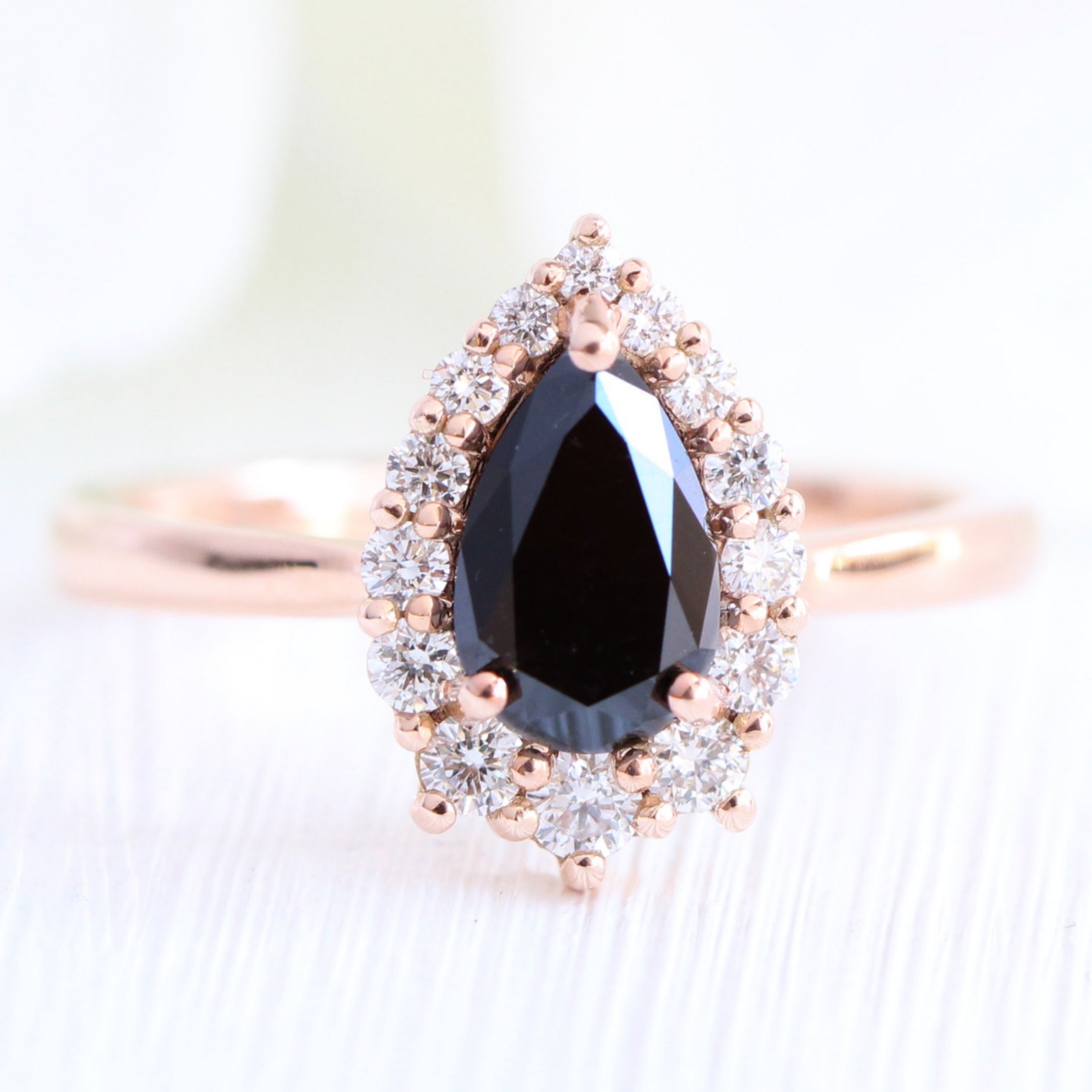 Pear black diamond engagement ring rose gold large halo ring la more design jewelry