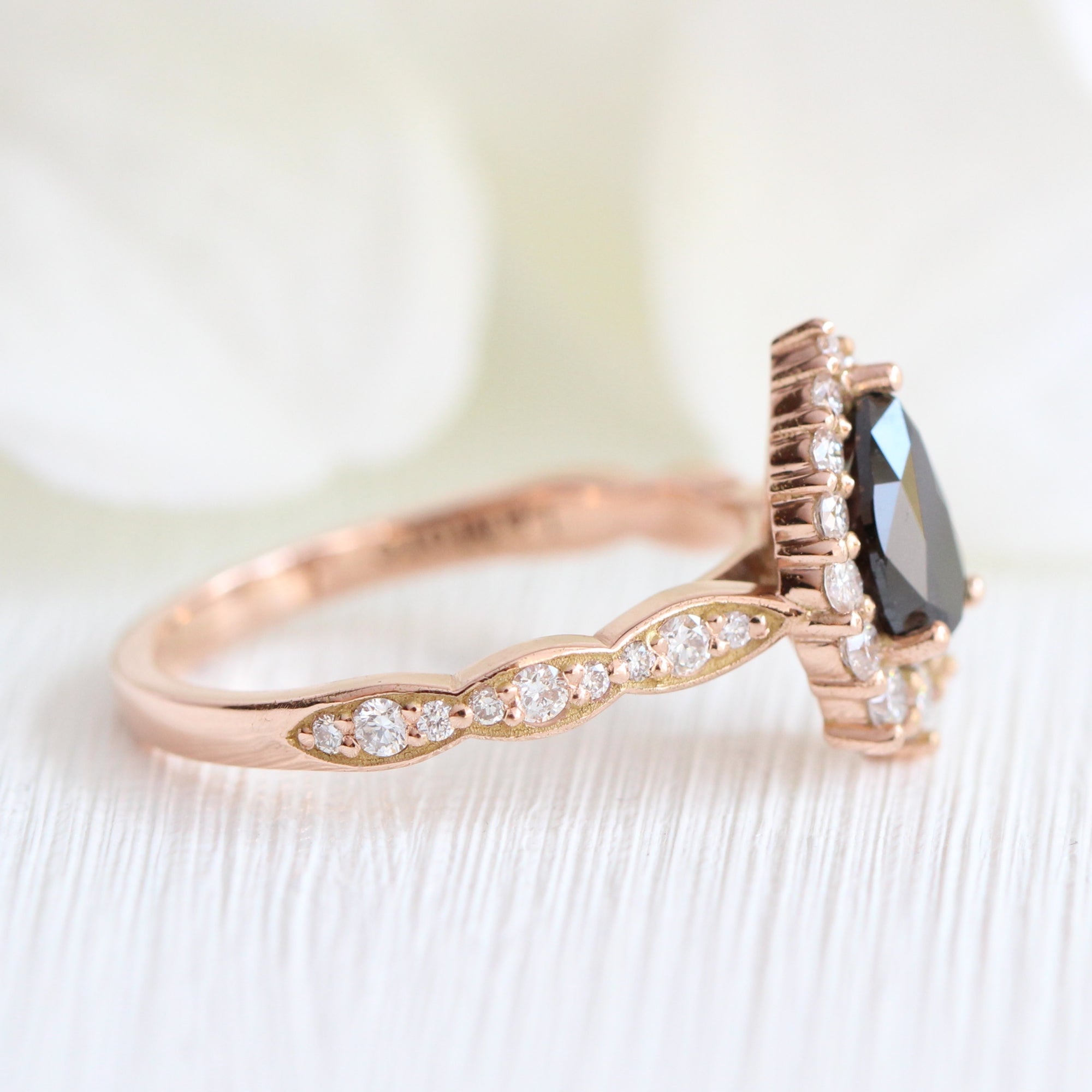 Pear black diamond engagement ring rose gold large halo ring la more design jewelry