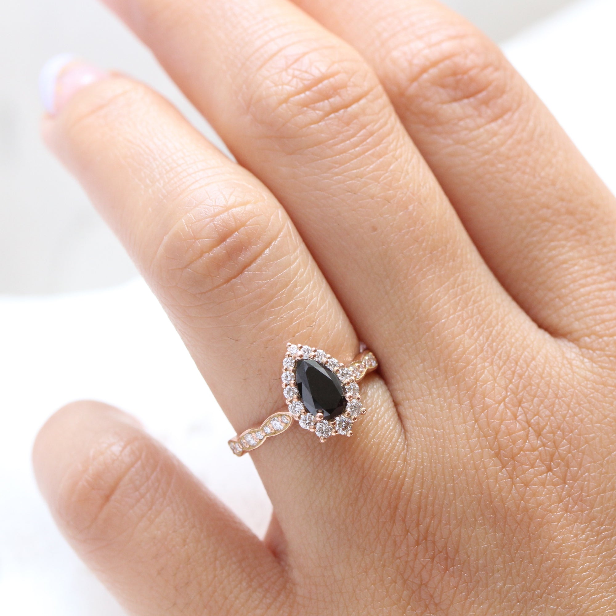 Pear black diamond engagement ring rose gold large halo ring la more design jewelry