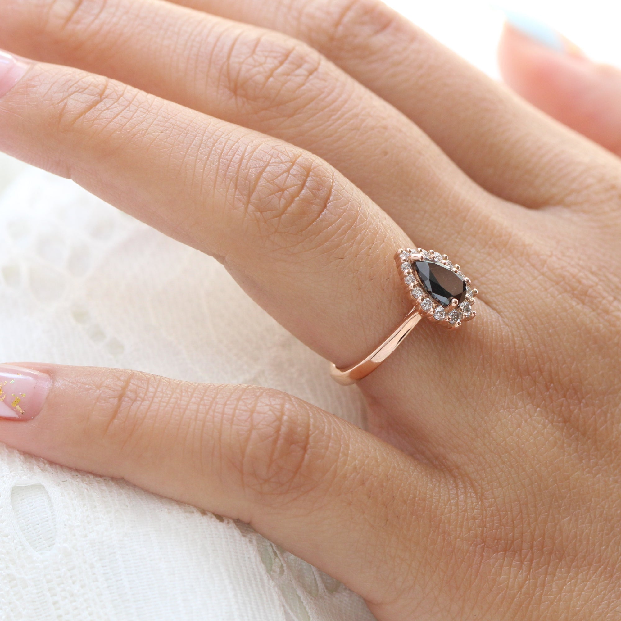 Pear black diamond engagement ring rose gold large halo ring la more design jewelry