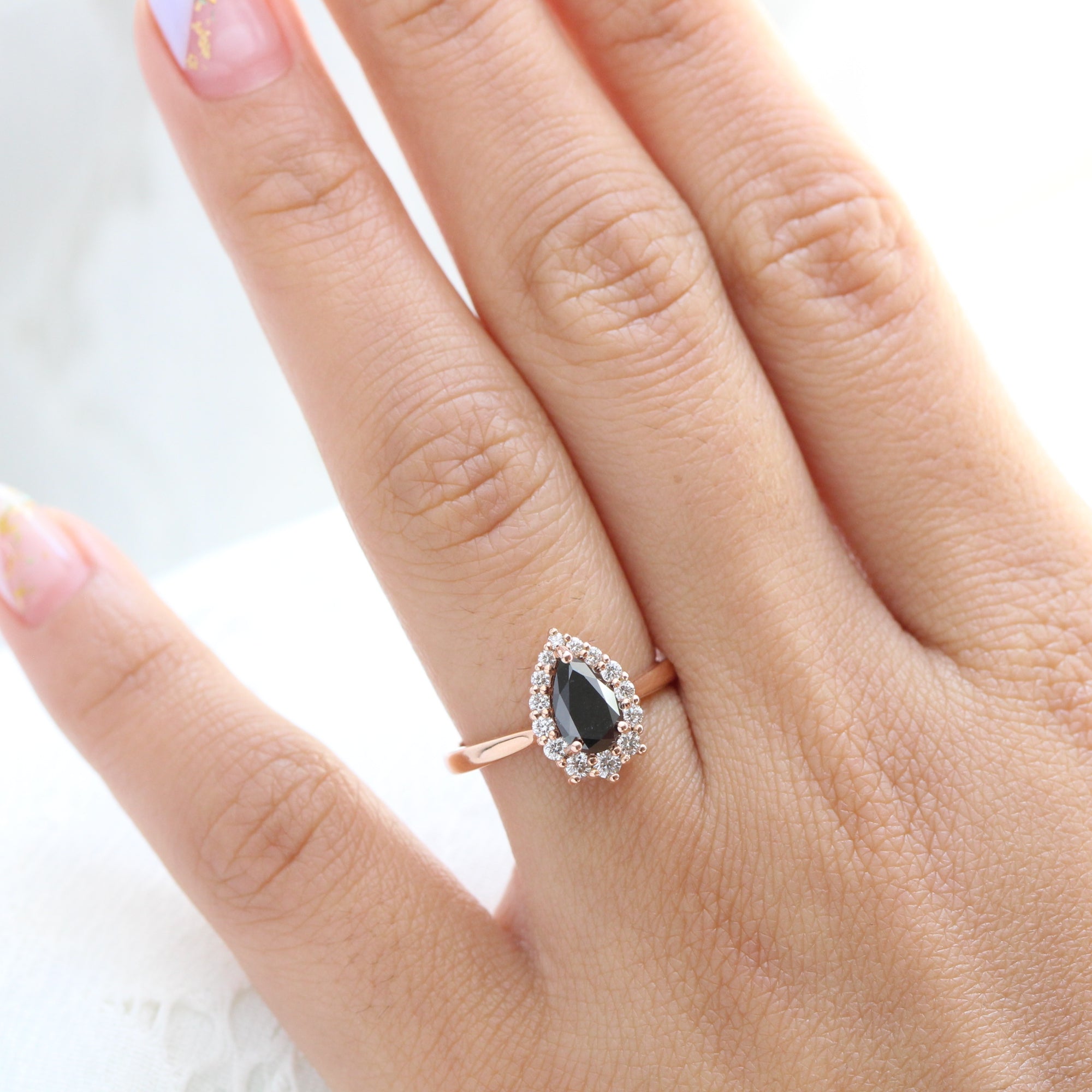 Pear black diamond engagement ring rose gold large halo ring la more design jewelry