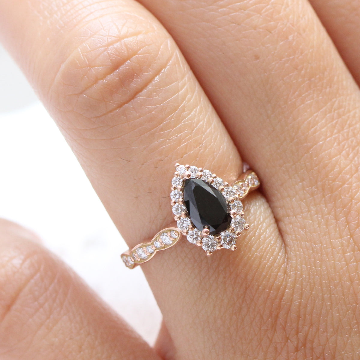 Pear black diamond engagement ring rose gold large halo ring la more design jewelry