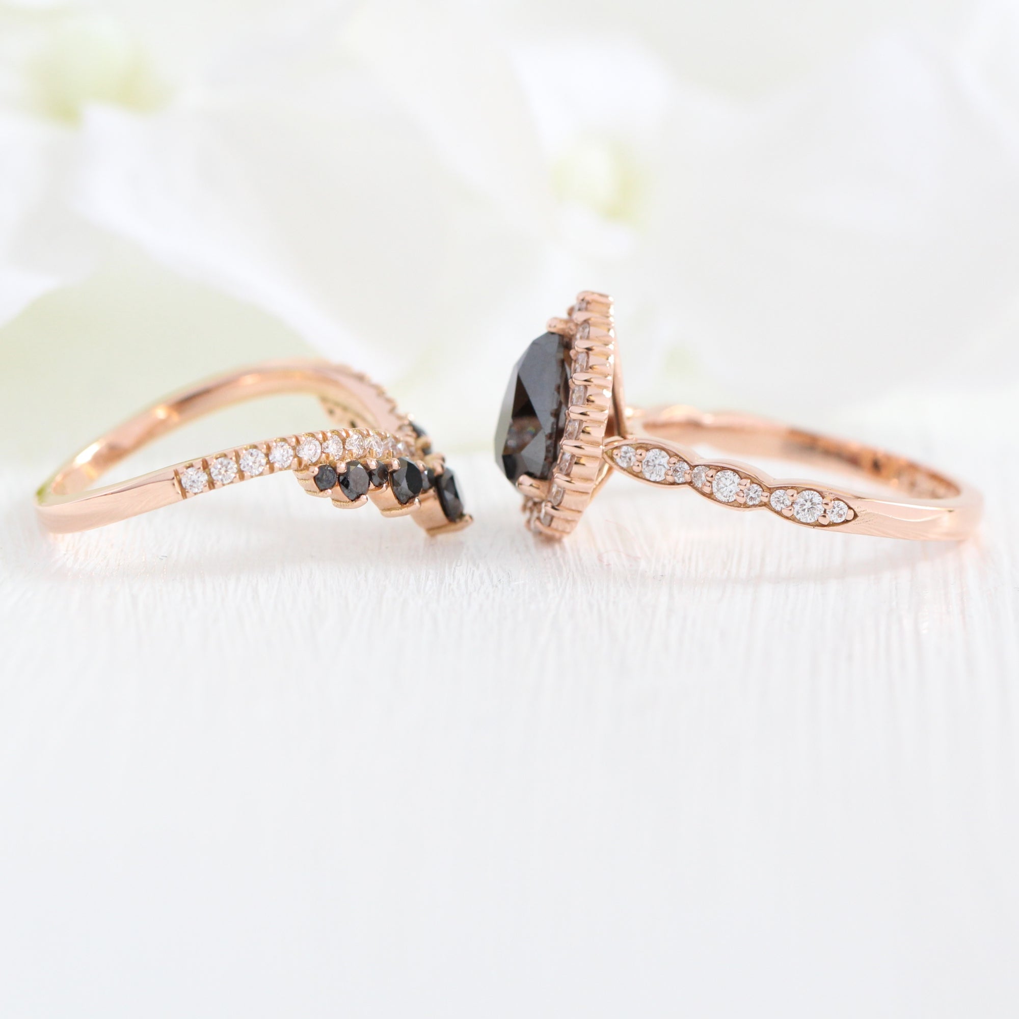 Pear black diamond engagement ring rose gold large tiara diamond wedding band bridal ring set la more design jewelry