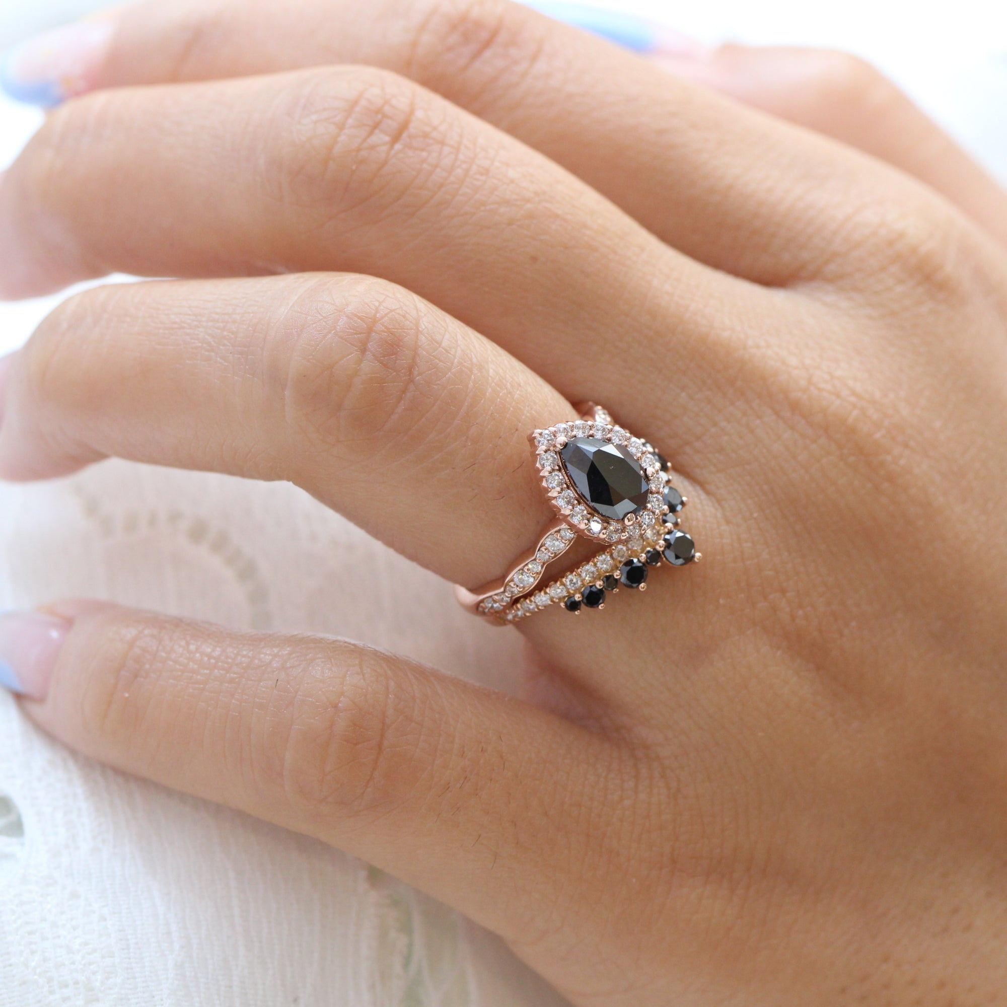 Pear black diamond engagement ring rose gold large tiara diamond wedding band bridal ring set la more design jewelry