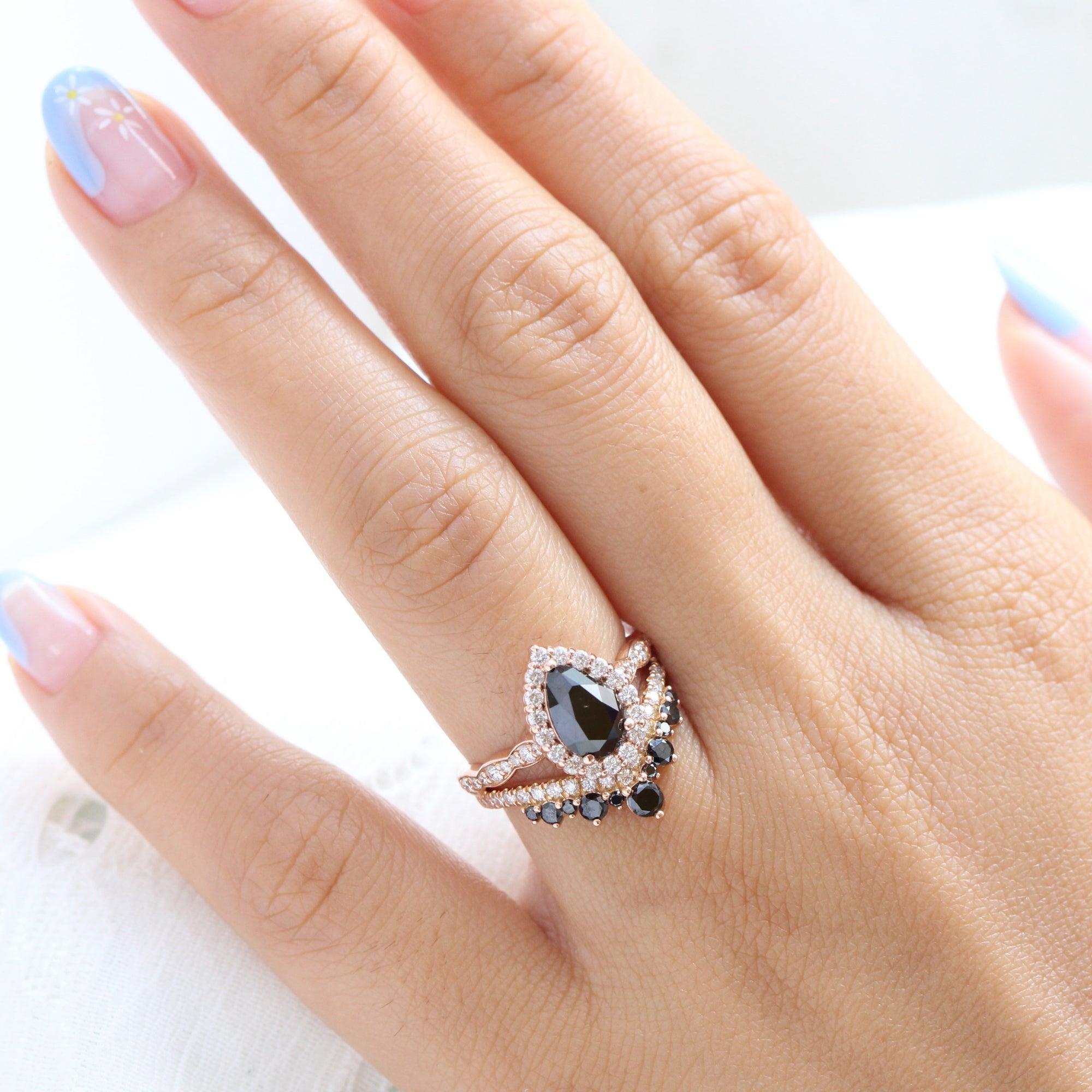 Pear black diamond engagement ring rose gold large tiara diamond wedding band bridal ring set la more design jewelry
