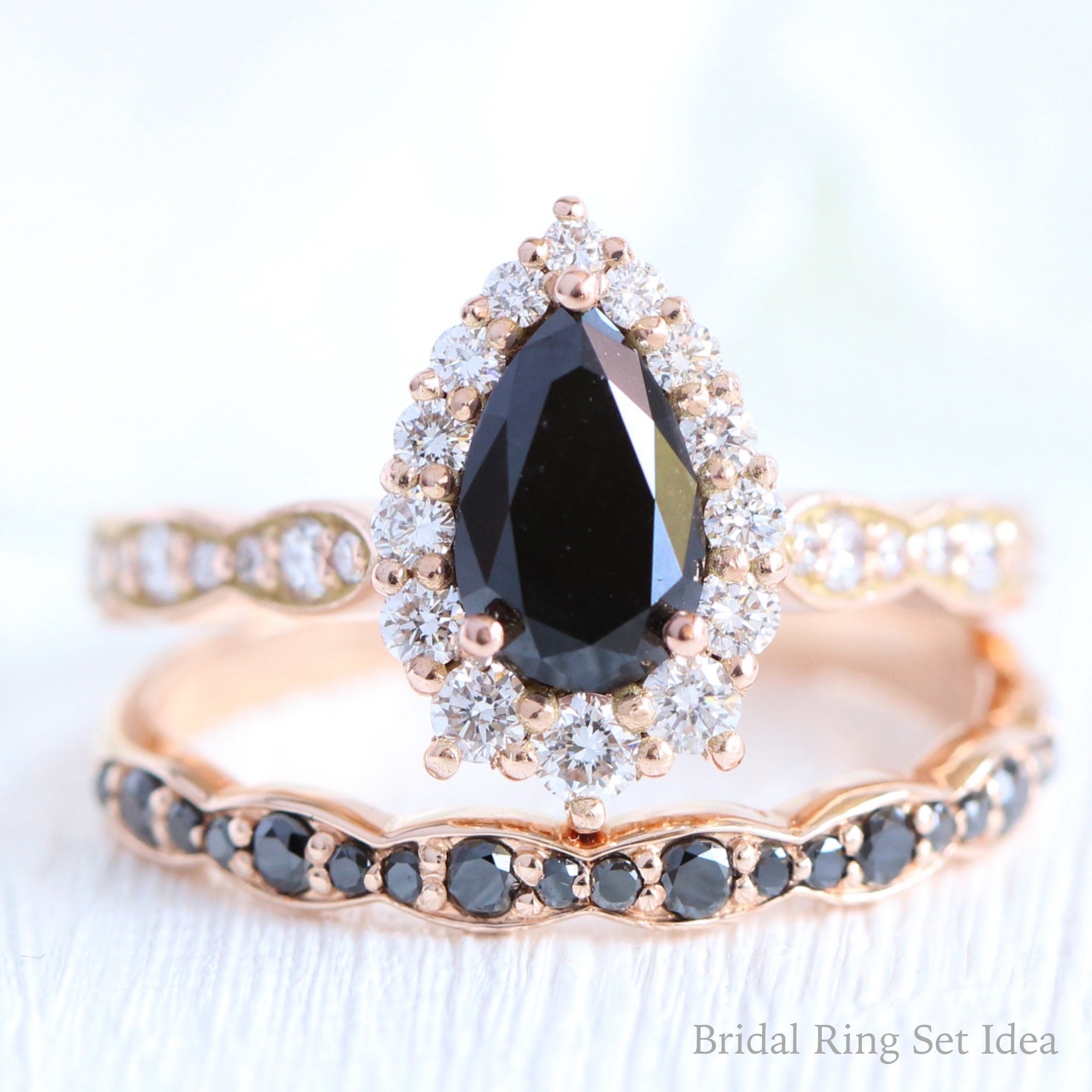 Pear black diamond engagement ring rose gold matching diamond wedding band bridal ring set la more design jewelry