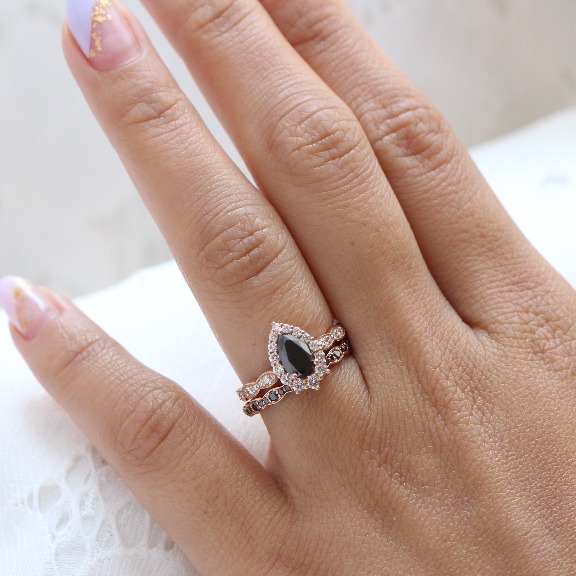 Pear black diamond engagement ring rose gold matching diamond wedding band bridal ring set la more design jewelry