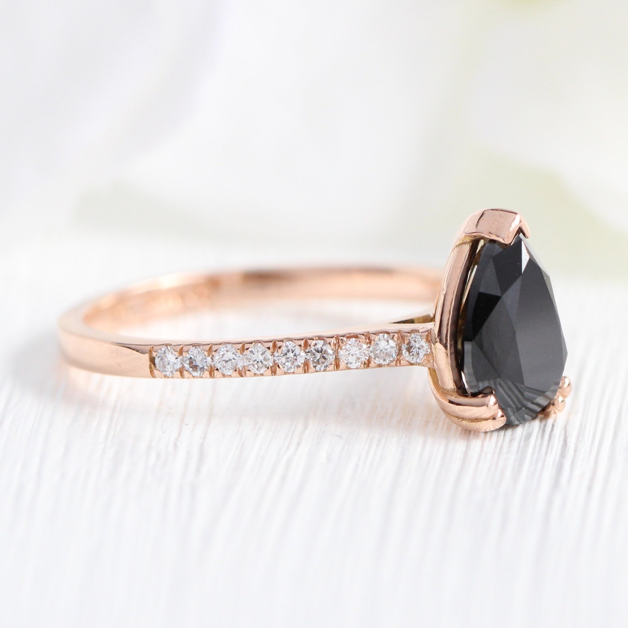 Pear black diamond engagement ring rose gold solitaire ring pave band la more design jewelry