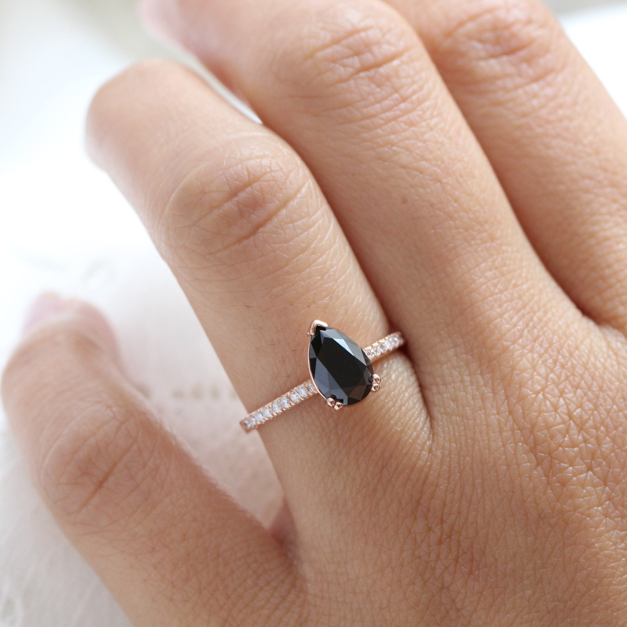 Pear black diamond engagement ring rose gold solitaire ring pave band la more design jewelry