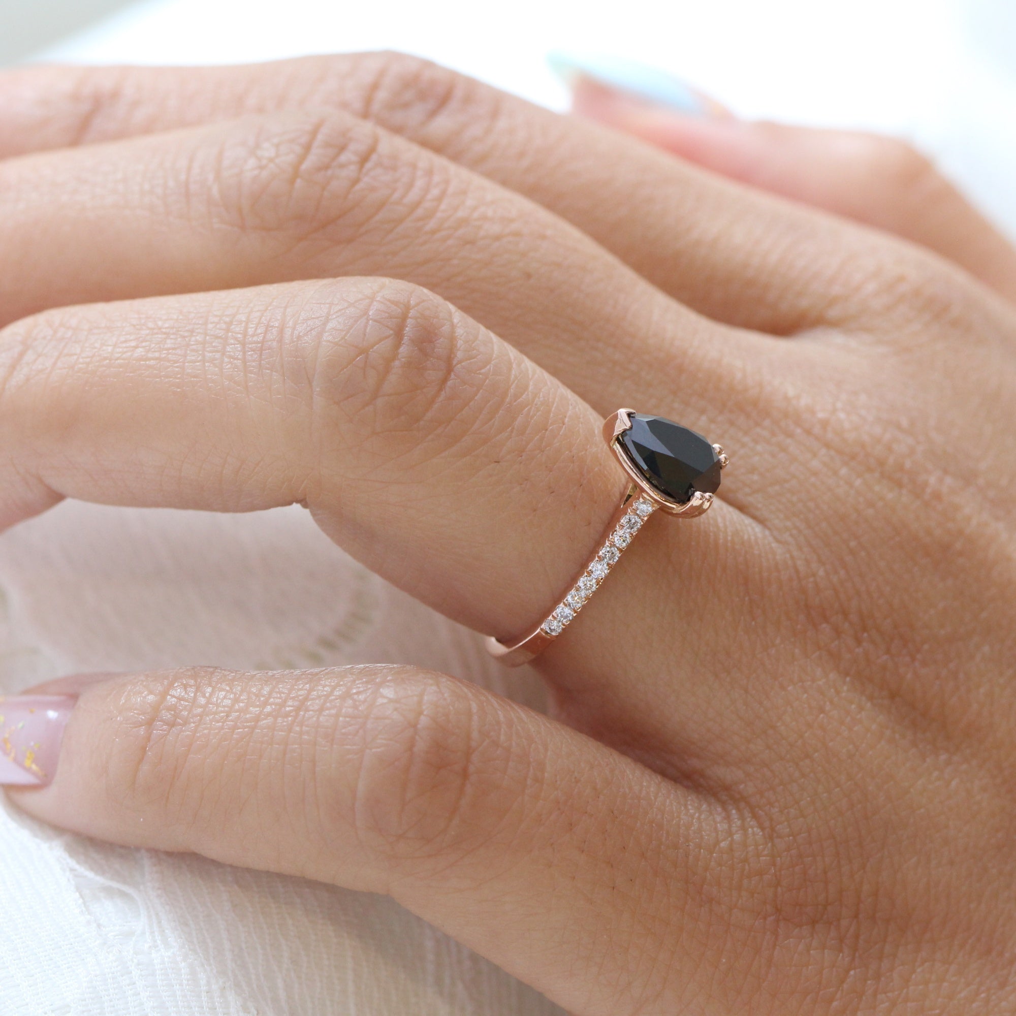 Pear black diamond engagement ring rose gold solitaire ring pave band la more design jewelry