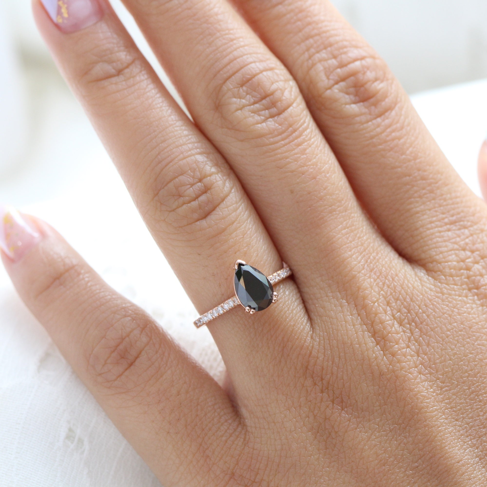 Pear black diamond engagement ring rose gold solitaire ring pave band la more design jewelry