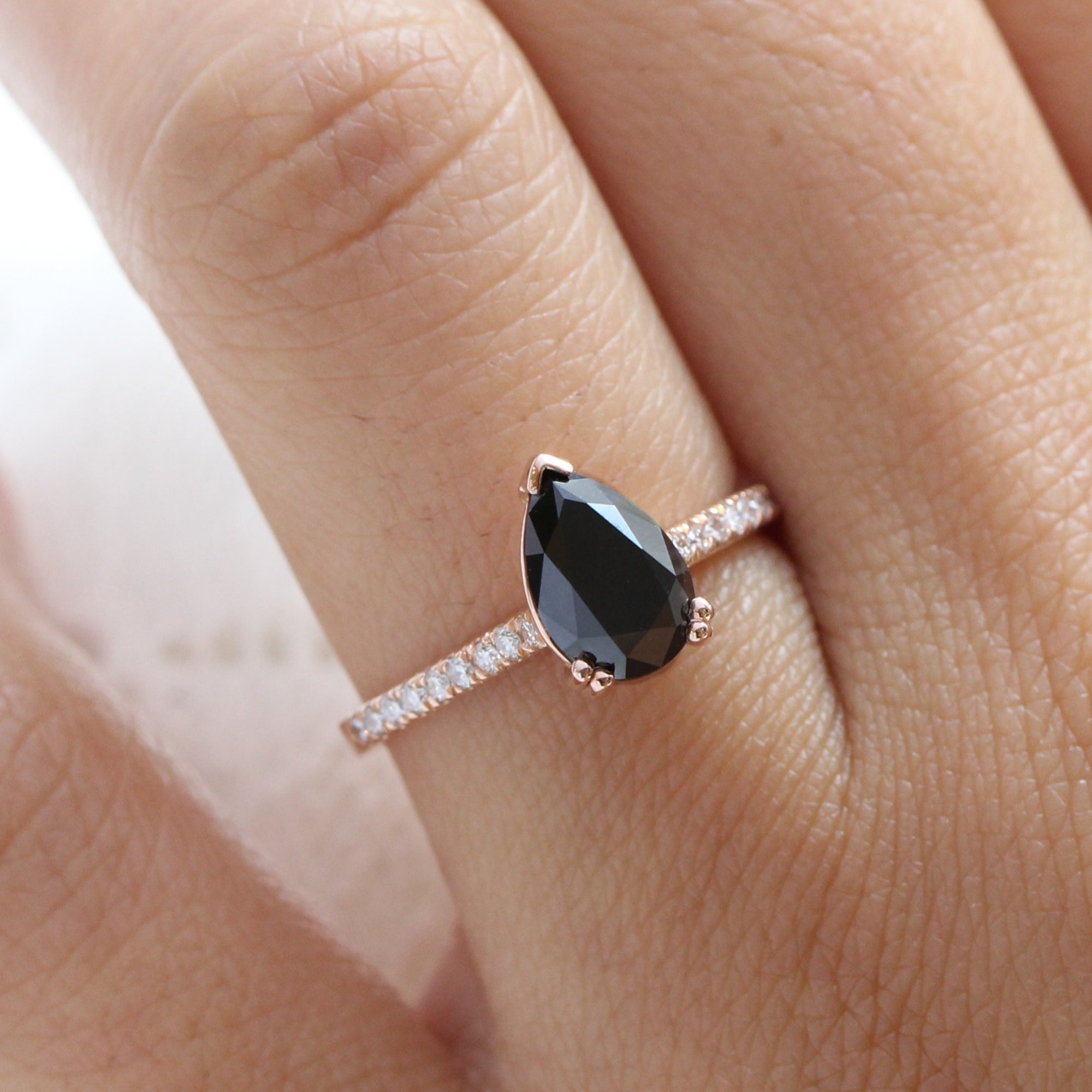 Pear black diamond engagement ring rose gold solitaire ring pave band la more design jewelry