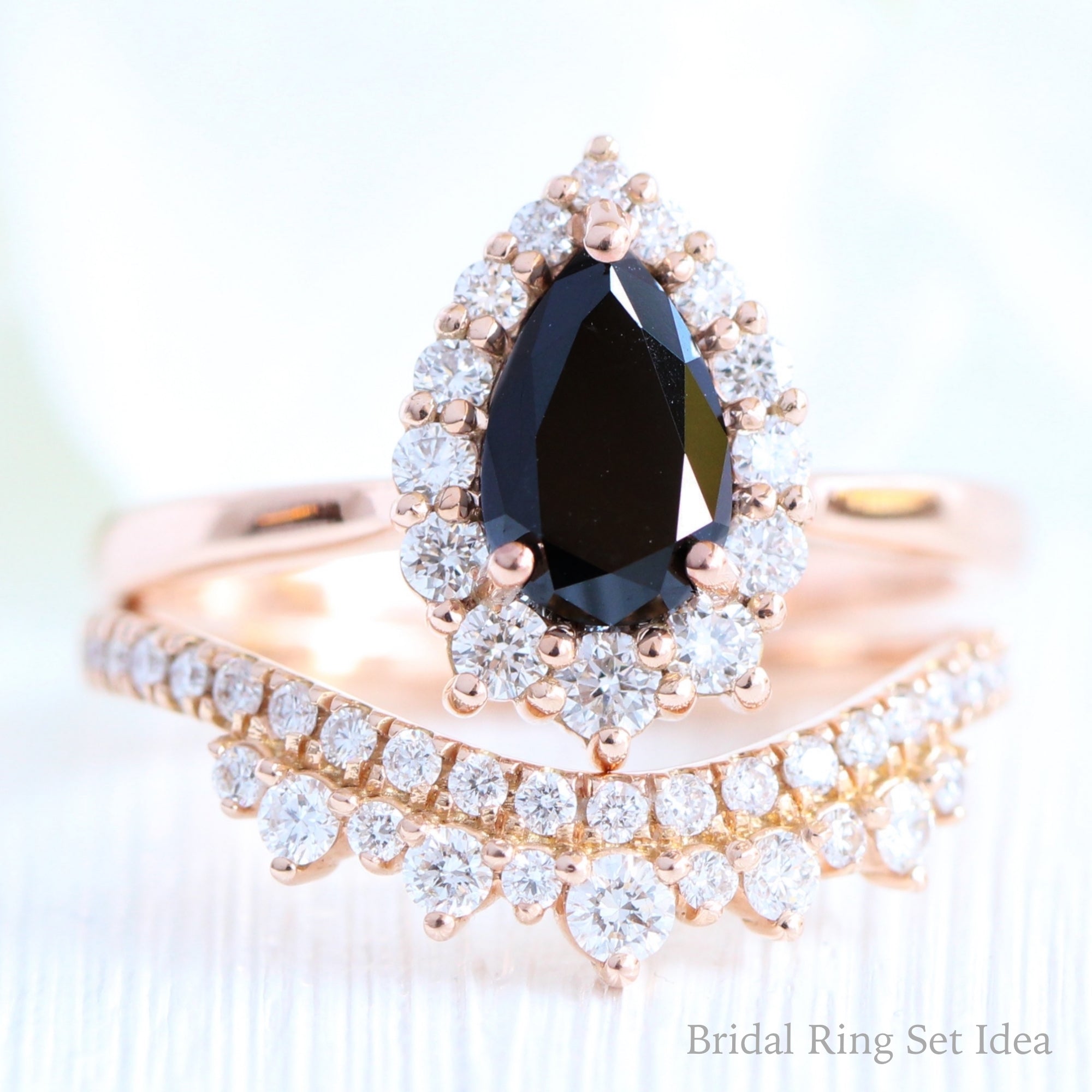 Pear black diamond engagement ring rose gold u shaped diamond wedding band bridal ring set la more design jewelry