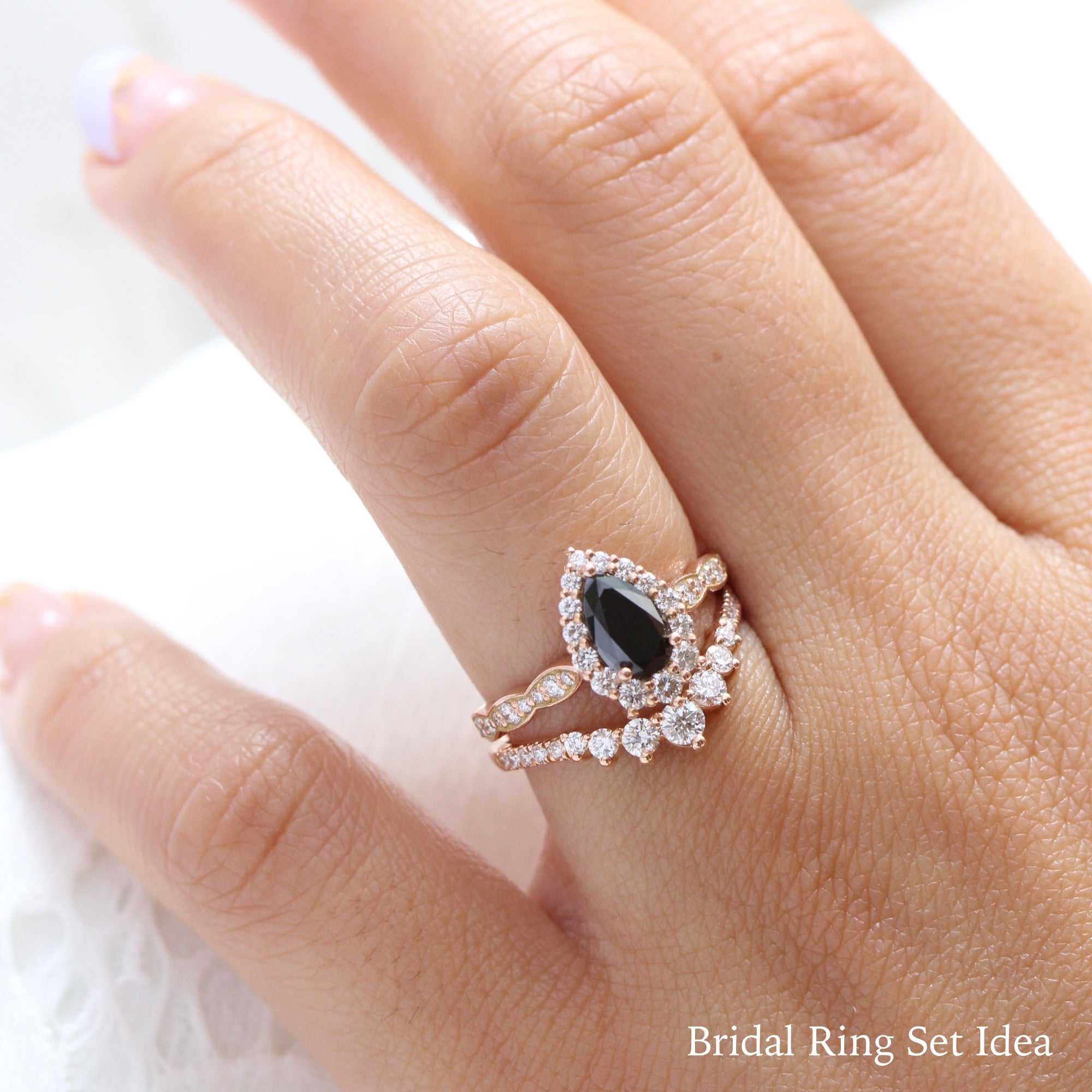 Pear black diamond engagement ring rose gold u shaped diamond wedding band bridal ring set la more design jewelry