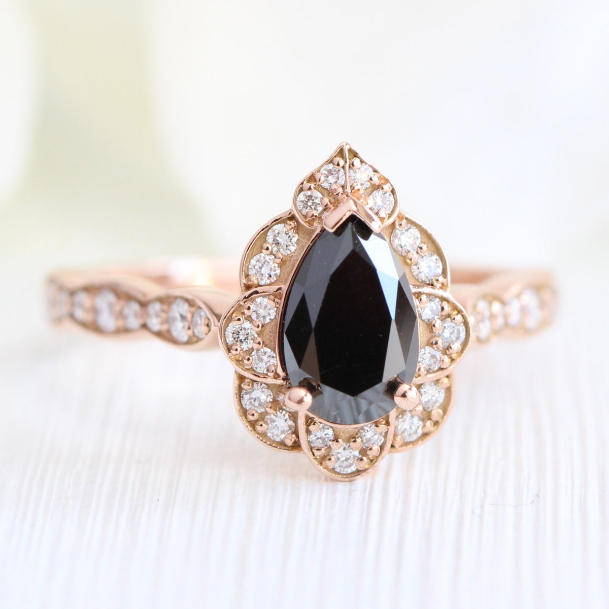 Pear black diamond engagement ring rose gold vintage halo ring la more design jewelry