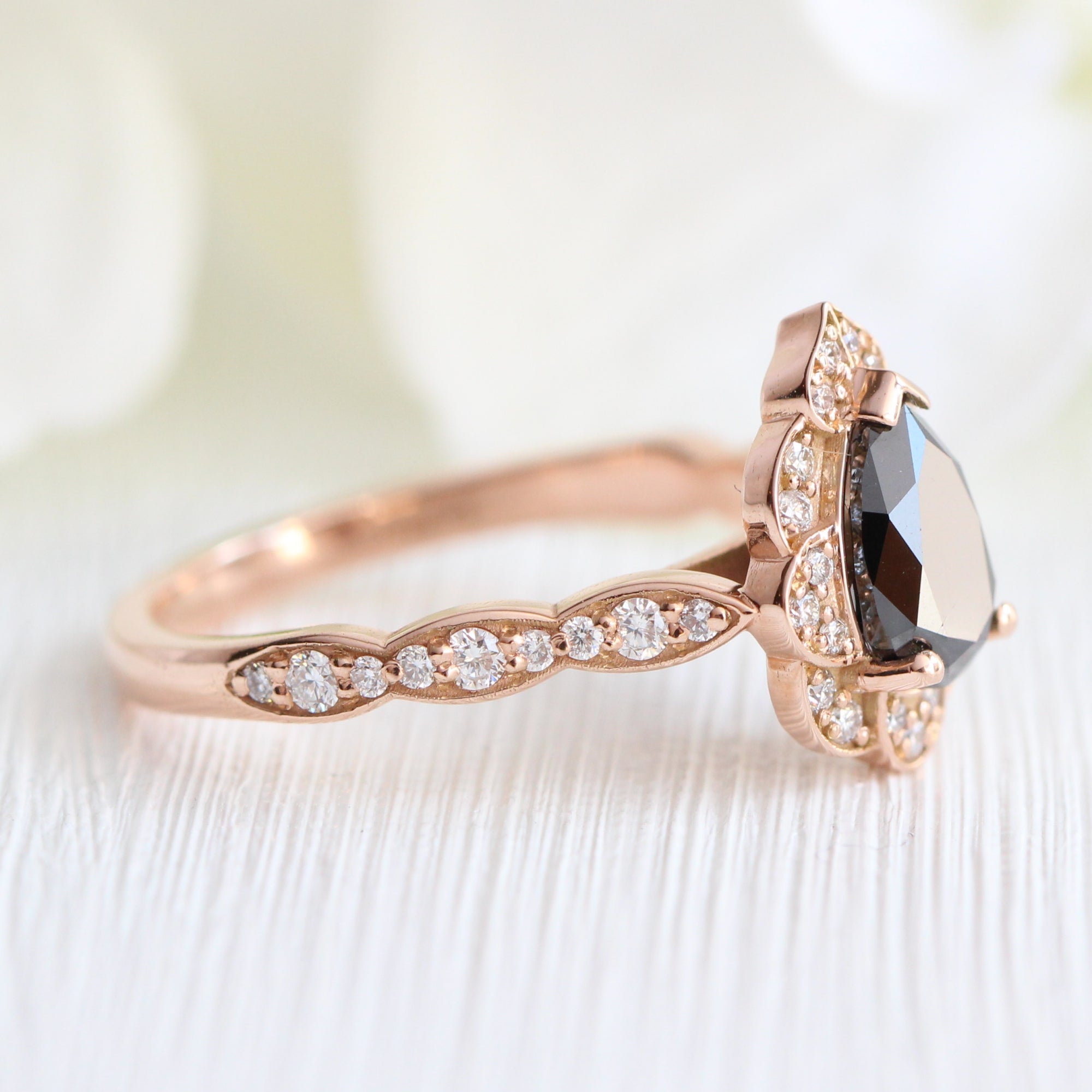 Pear black diamond engagement ring rose gold vintage halo ring la more design jewelry