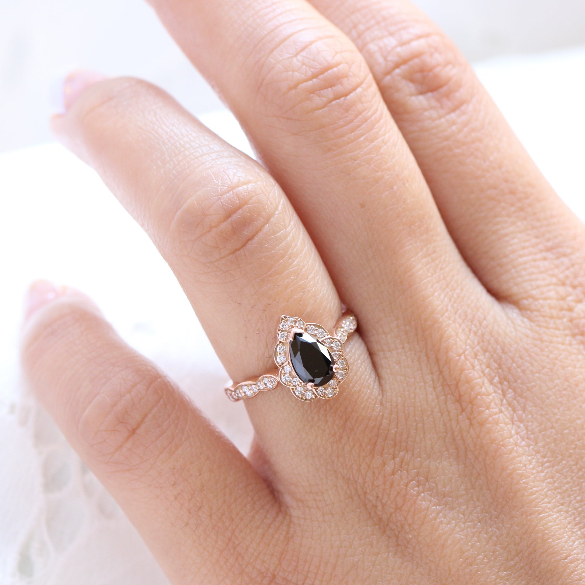 Pear black diamond engagement ring rose gold vintage halo ring la more design jewelry