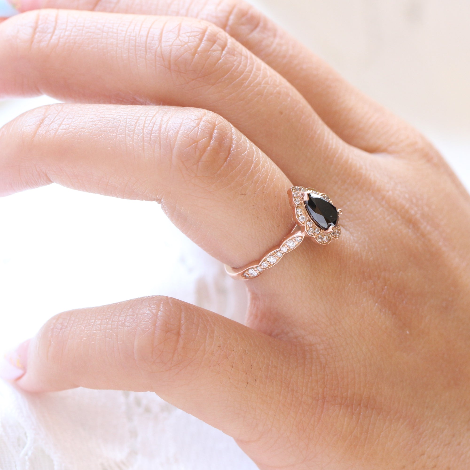 Pear black diamond engagement ring rose gold vintage halo ring la more design jewelry