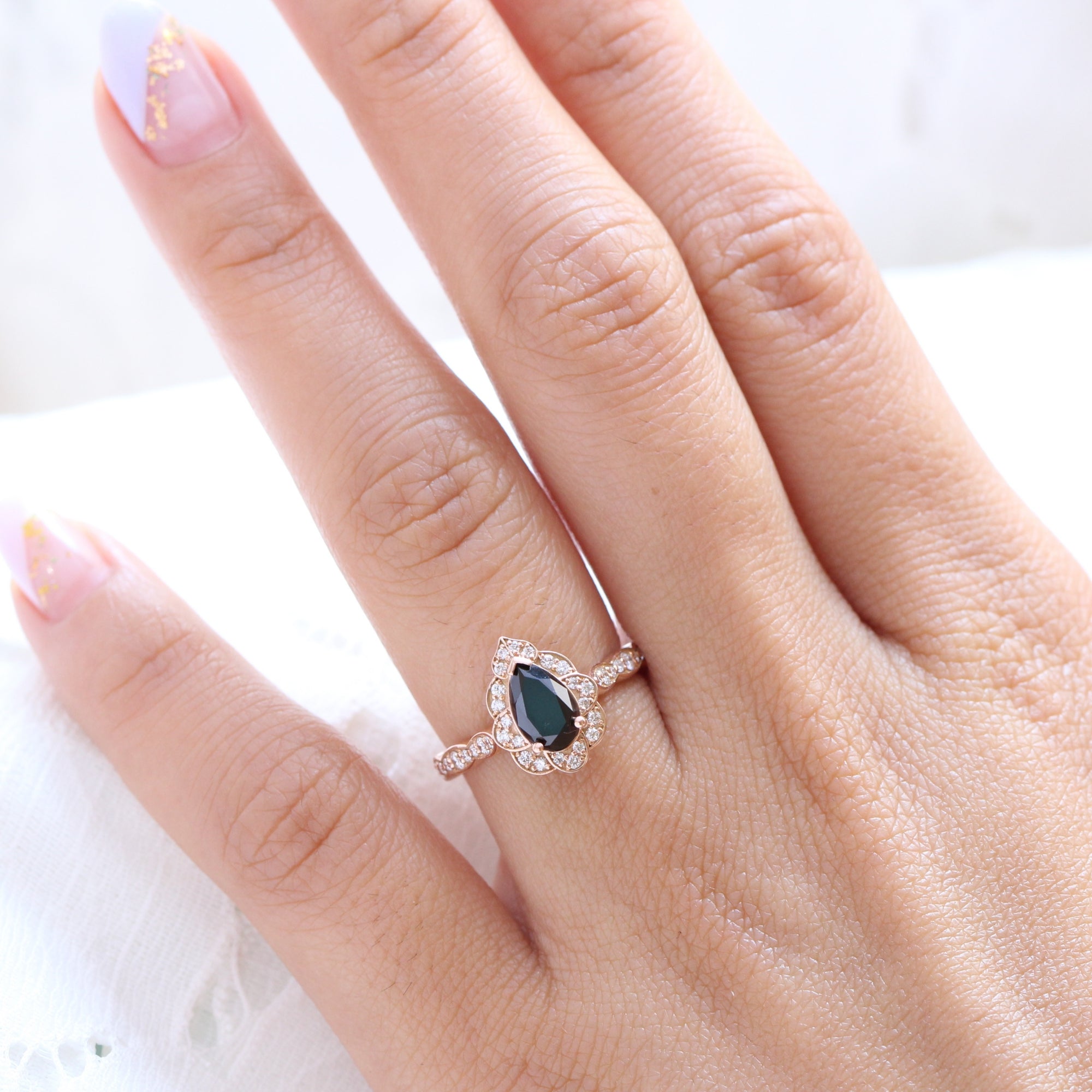 Pear black diamond engagement ring rose gold vintage halo ring la more design jewelry