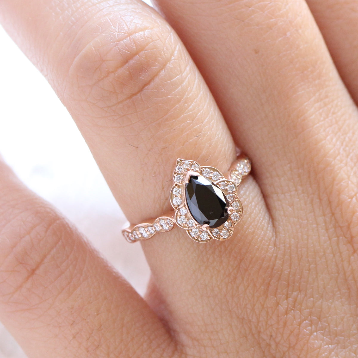 Pear black diamond engagement ring rose gold vintage halo ring la more design jewelry