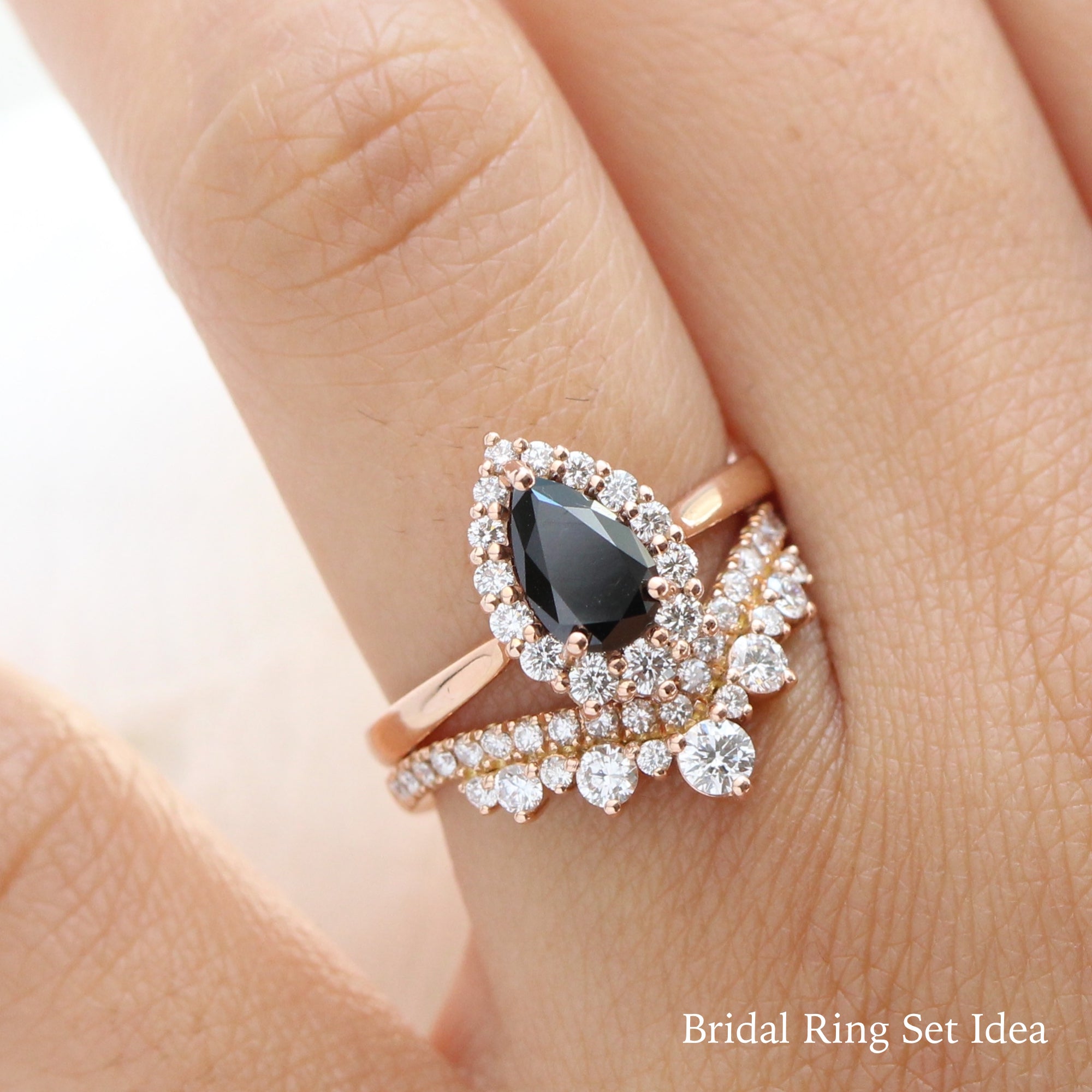 Black Diamond Engagement Ring Rose Gold Cluster Halo Diamond Oval Ring