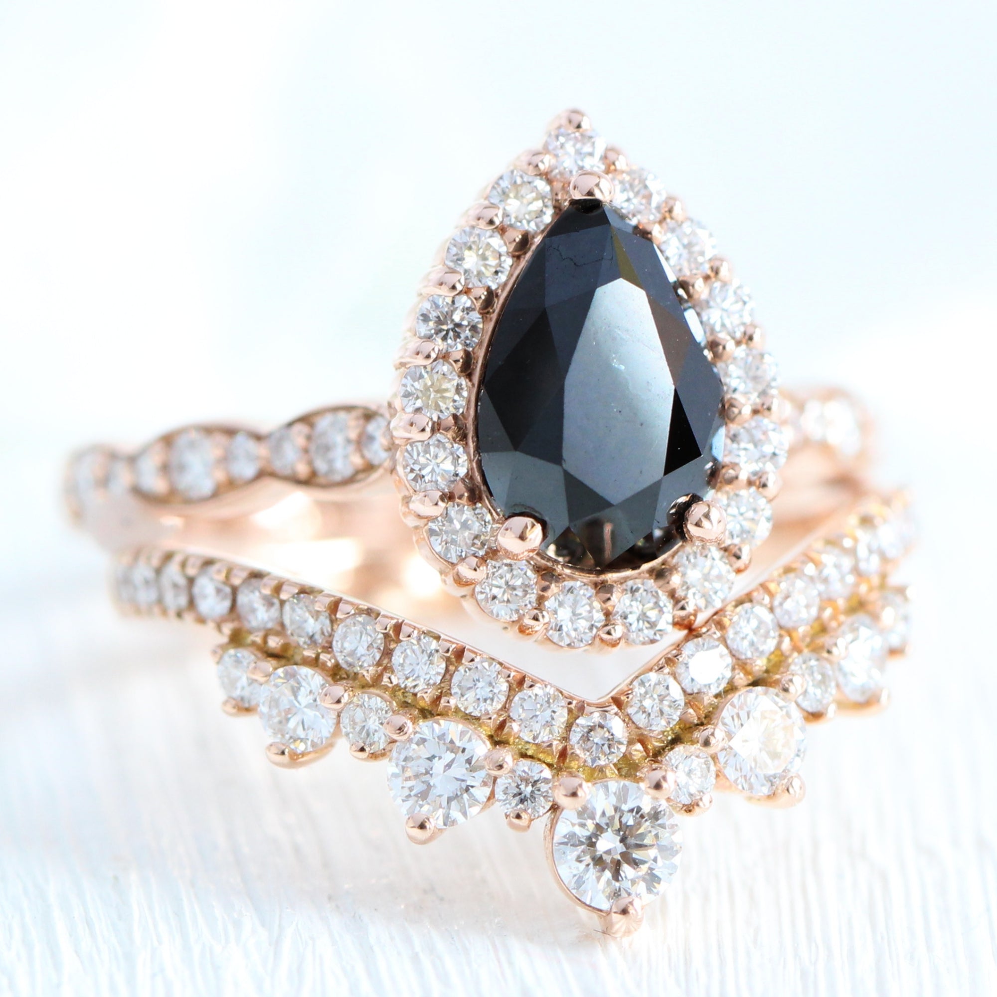 Pear black diamond engagement ring rose gold v shape diamond wedding band bridal ring set la more design jewelry