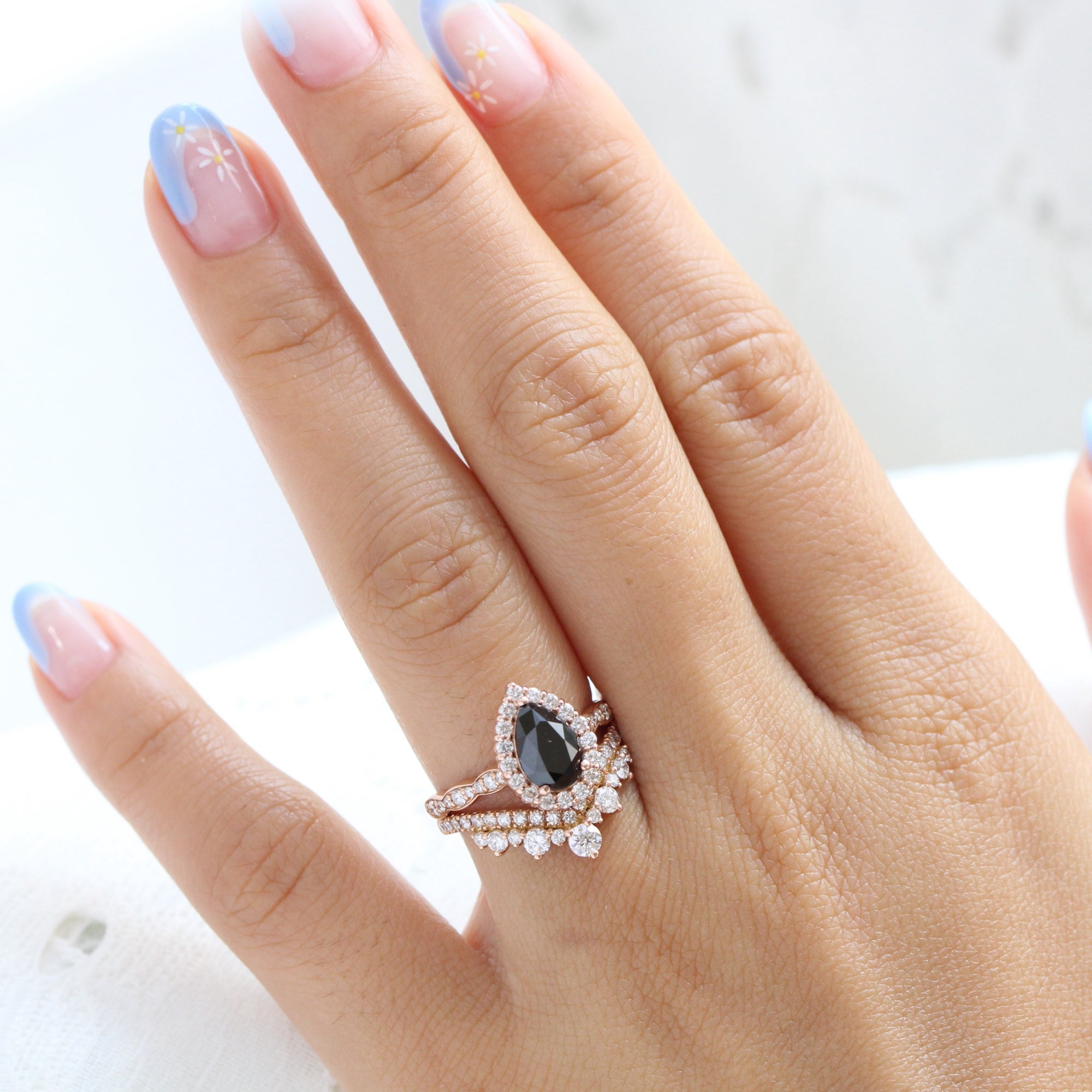 Pear black diamond engagement ring rose gold v shape diamond wedding band bridal ring set la more design jewelry