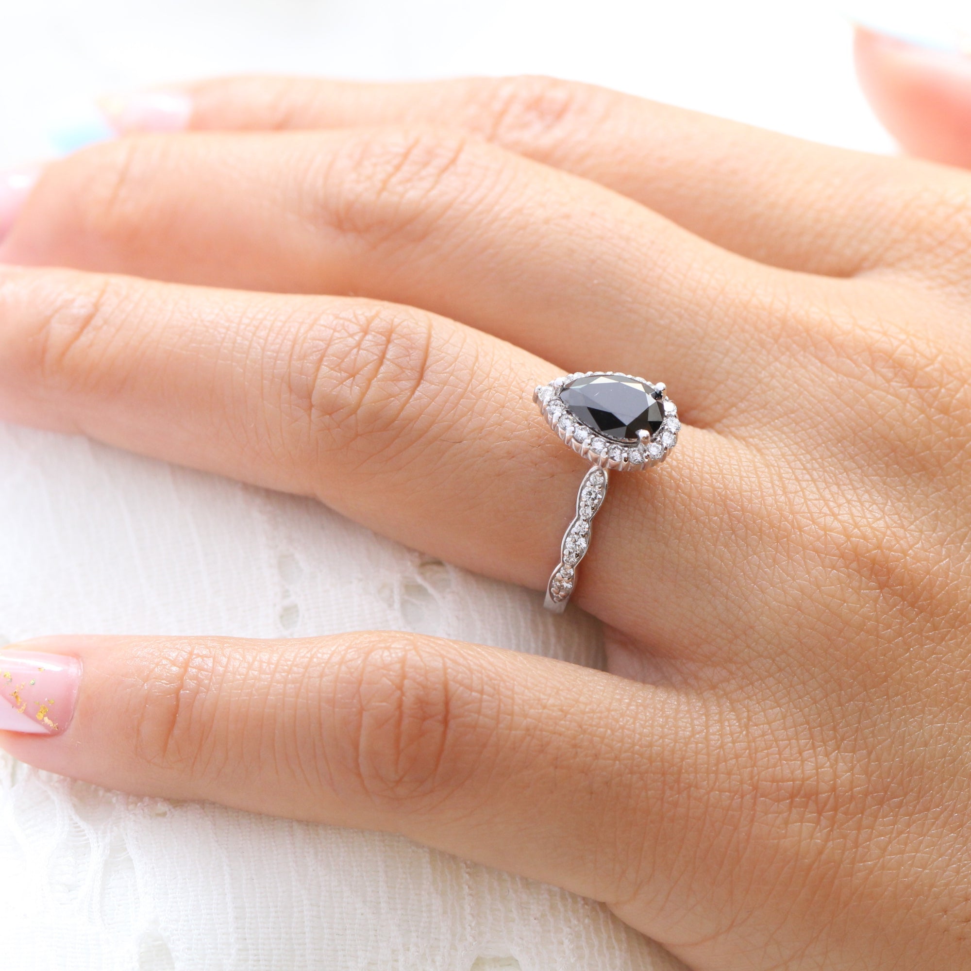 Pear black diamond engagement ring white gold halo diamond band by la more design jewelry