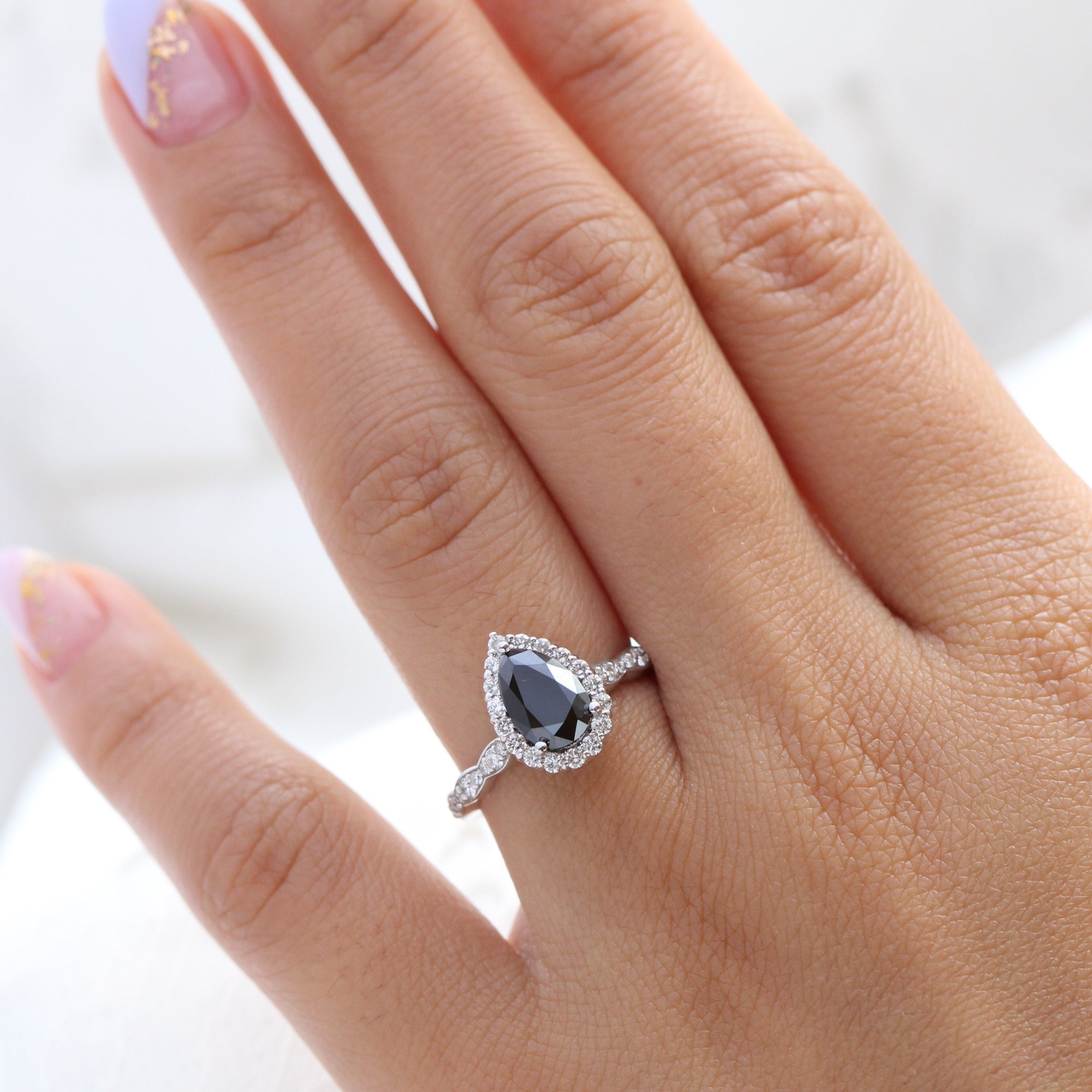 Pear black diamond engagement ring white gold halo diamond band by la more design jewelry