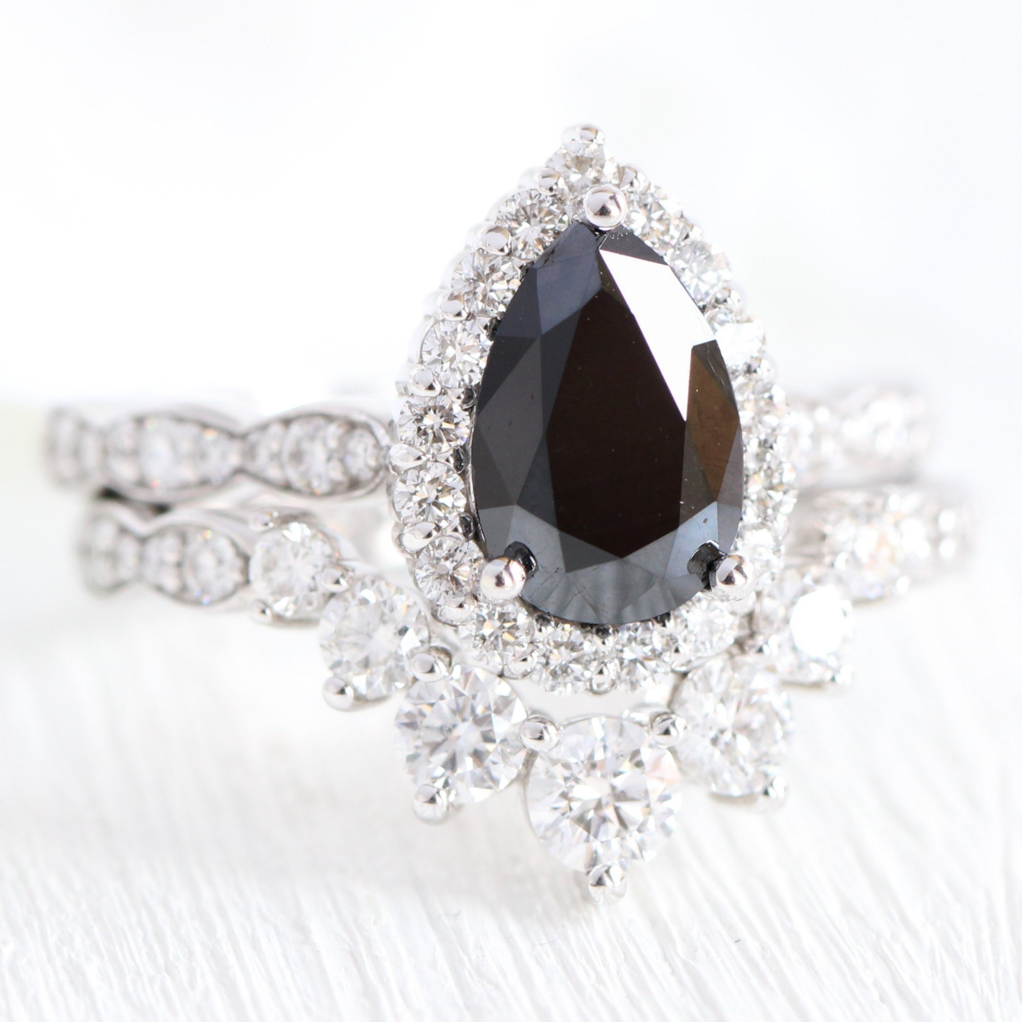 Pear black diamond engagement ring white gold large diamond wedding band bridal ring set la more design jewelry
