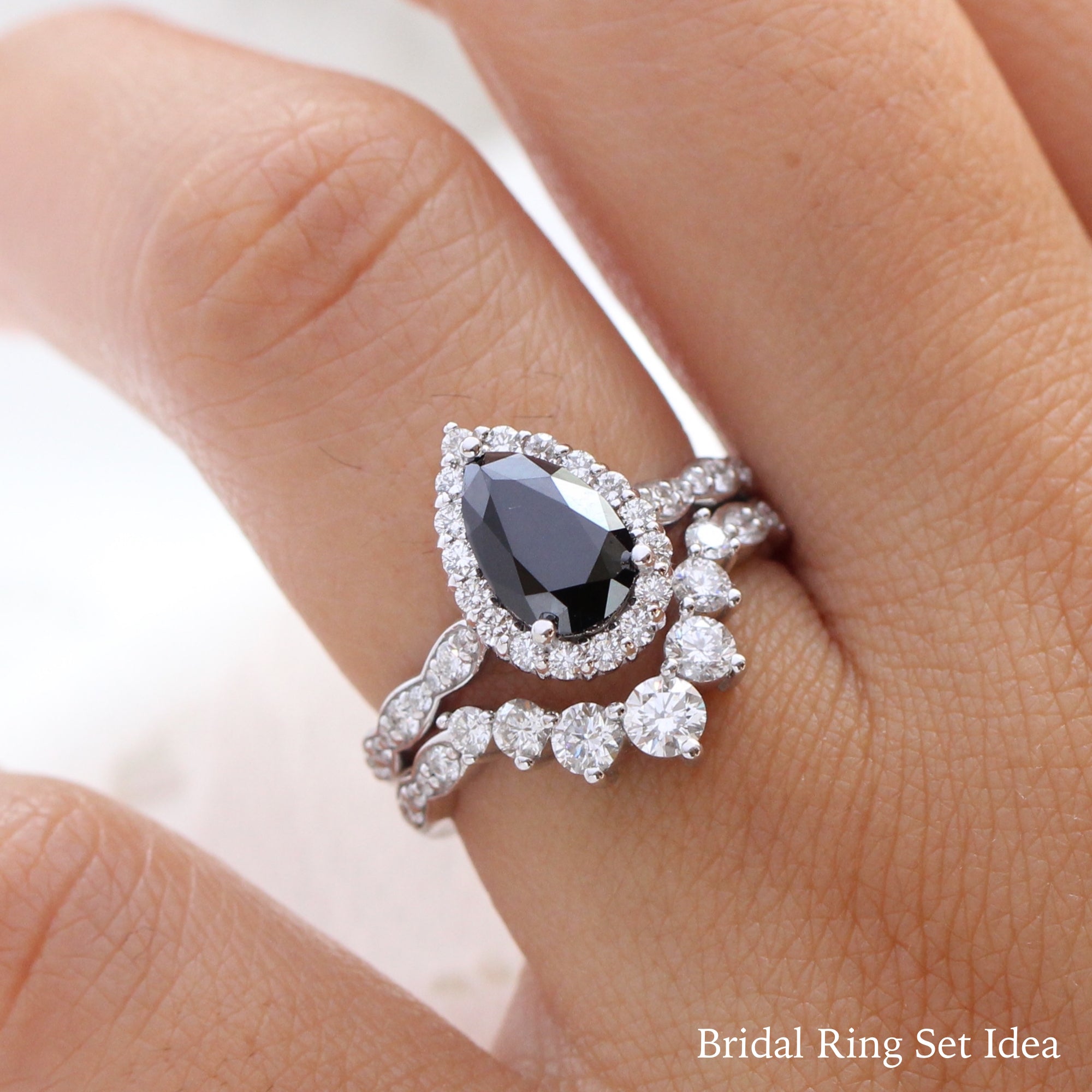 Pear black diamond engagement ring white gold large diamond wedding band bridal ring set la more design jewelry