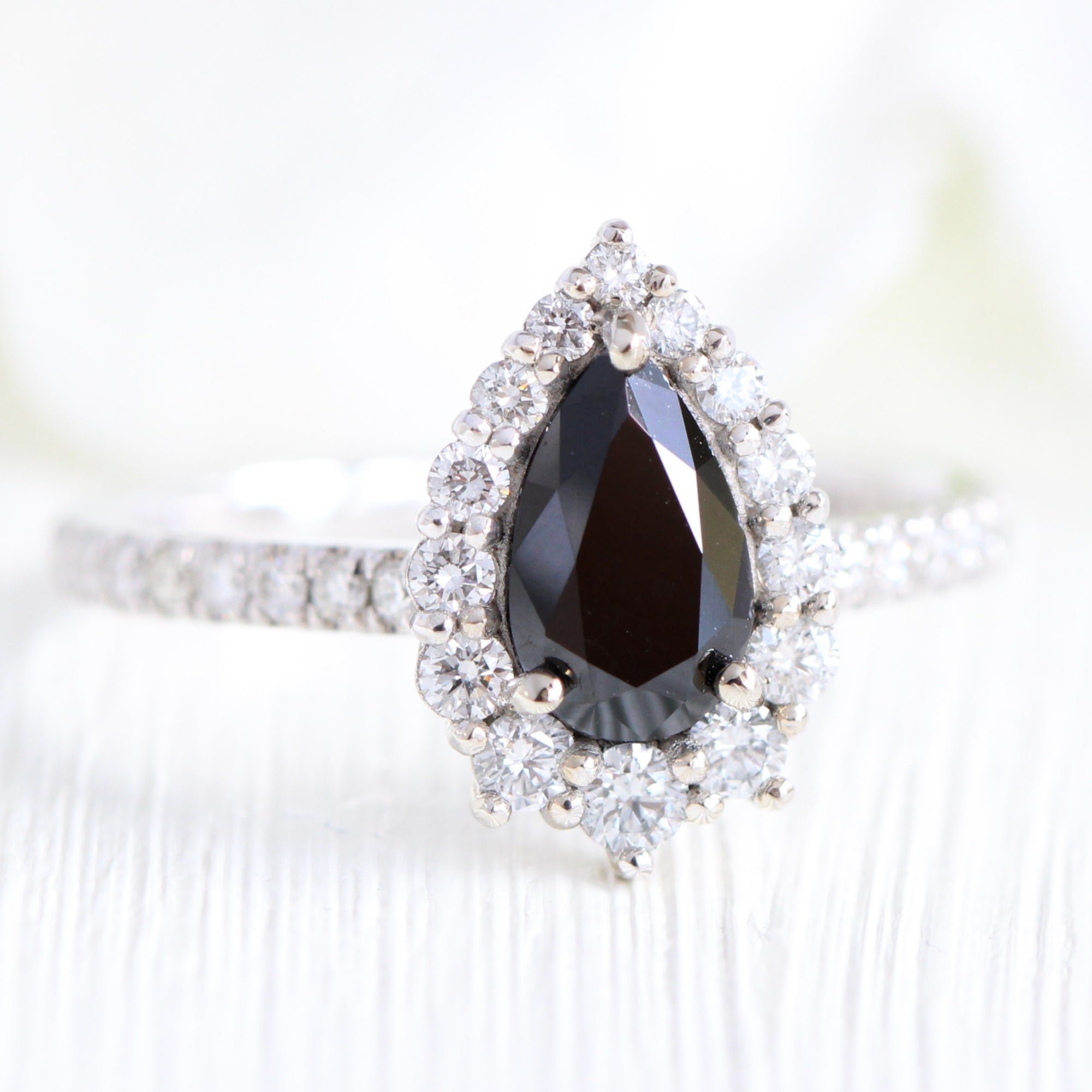 Pear black diamond engagement ring white gold large halo ring la more design jewelry