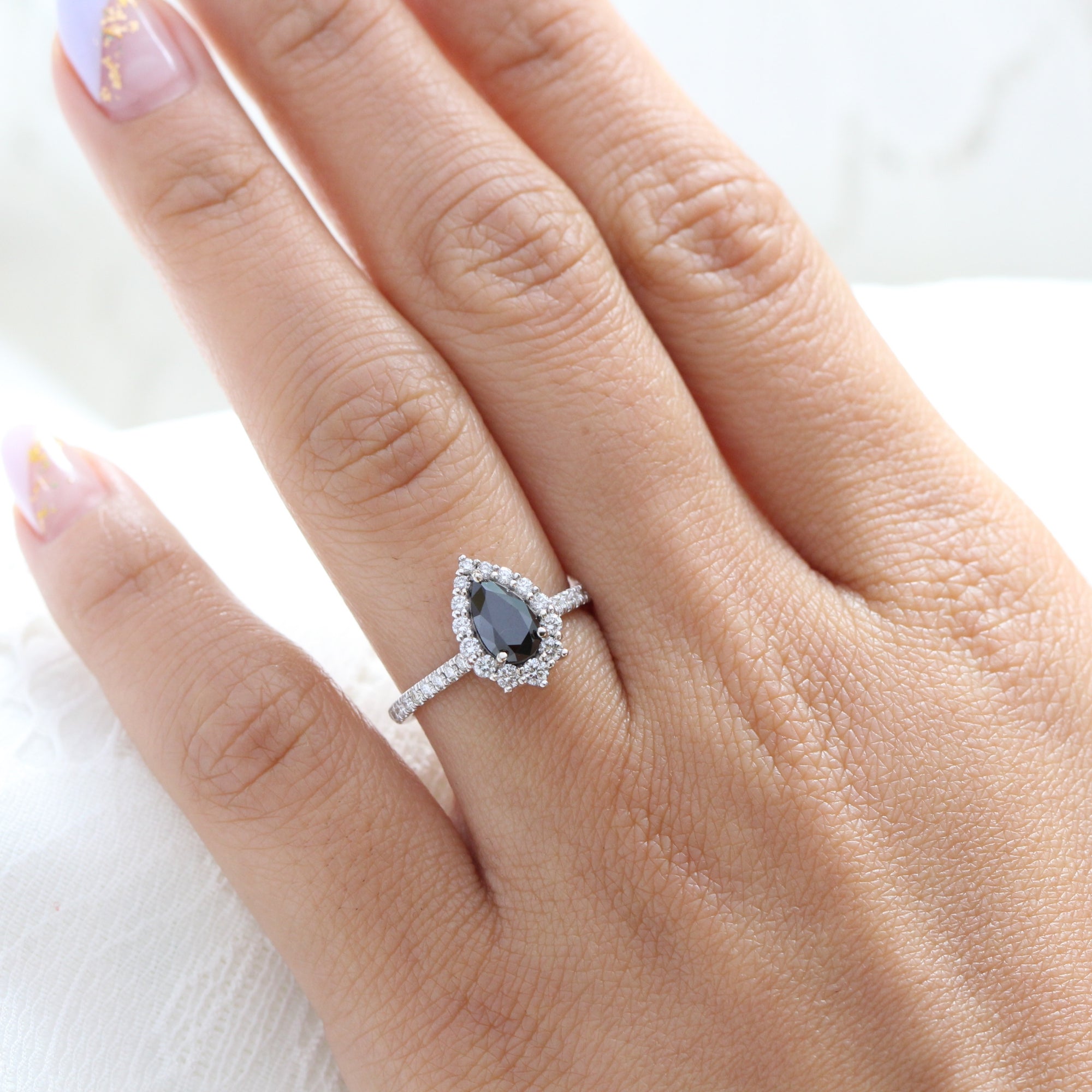 Pear black diamond engagement ring white gold large halo ring la more design jewelry