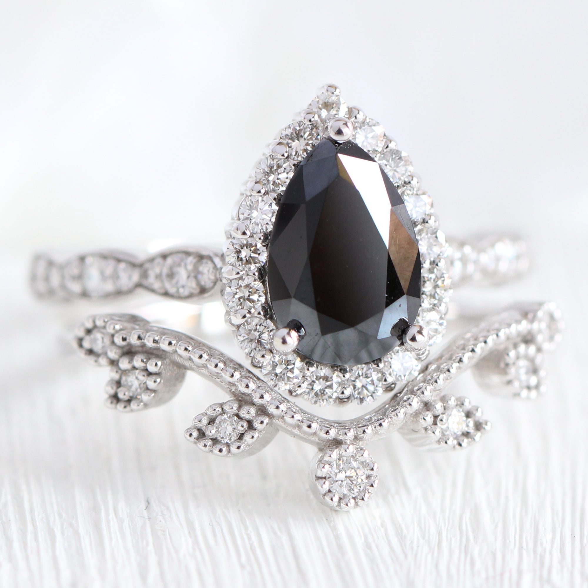 Pear black diamond engagement ring white gold leaf diamond wedding band bridal ring set la more design jewelry