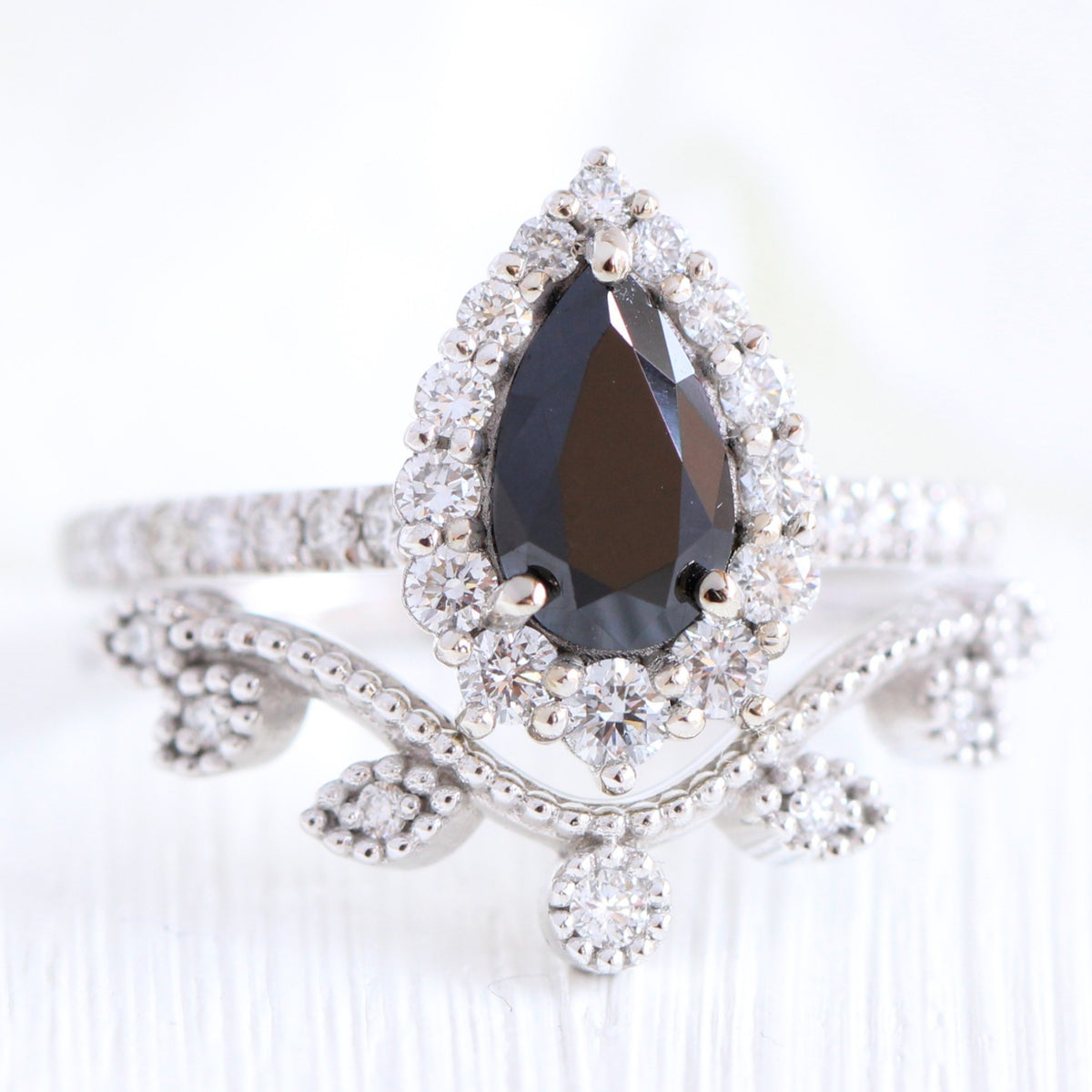 Pear black diamond engagement ring white gold leaf diamond wedding band bridal ring set la more design jewelry