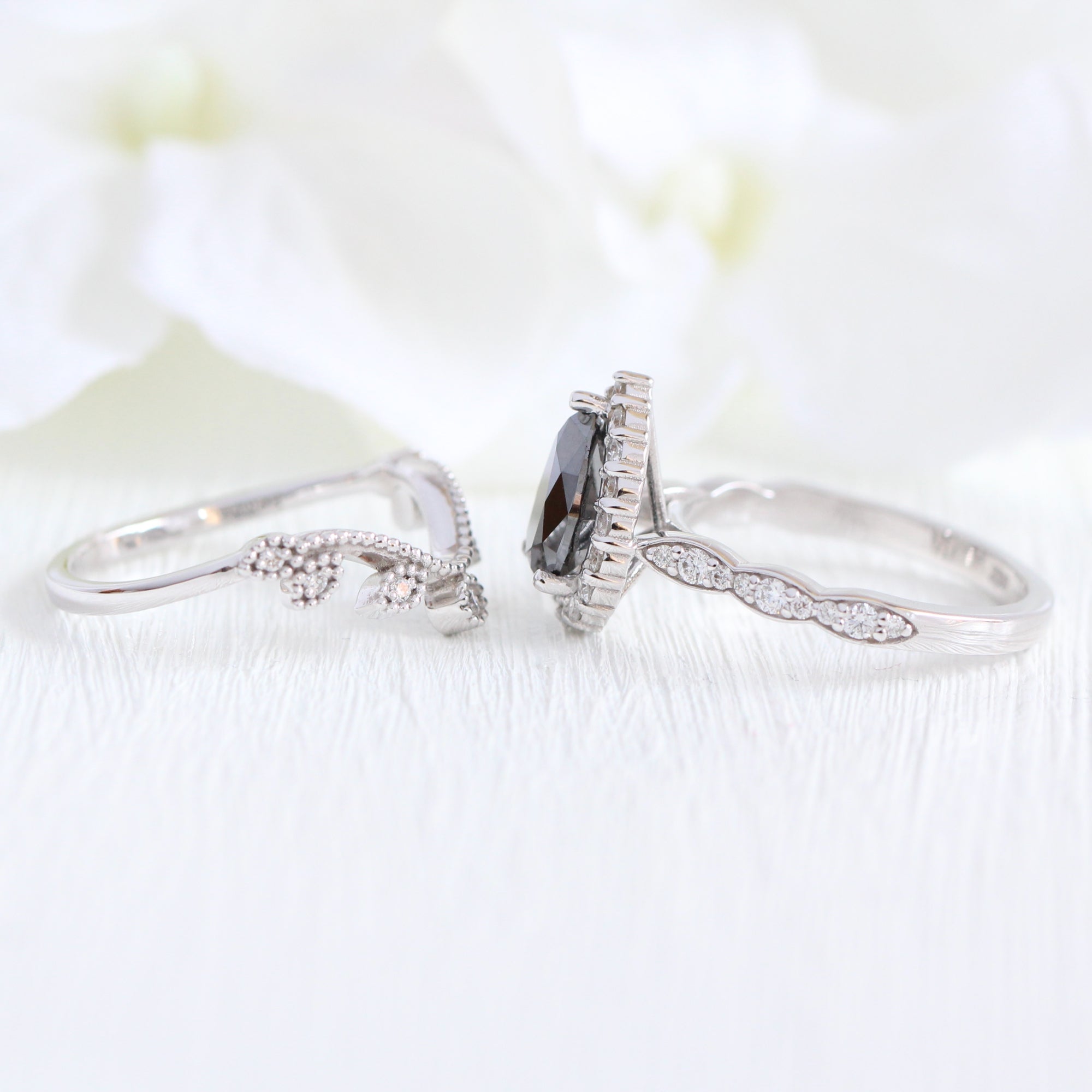 Pear black diamond engagement ring white gold leaf diamond wedding band bridal ring set la more design jewelry