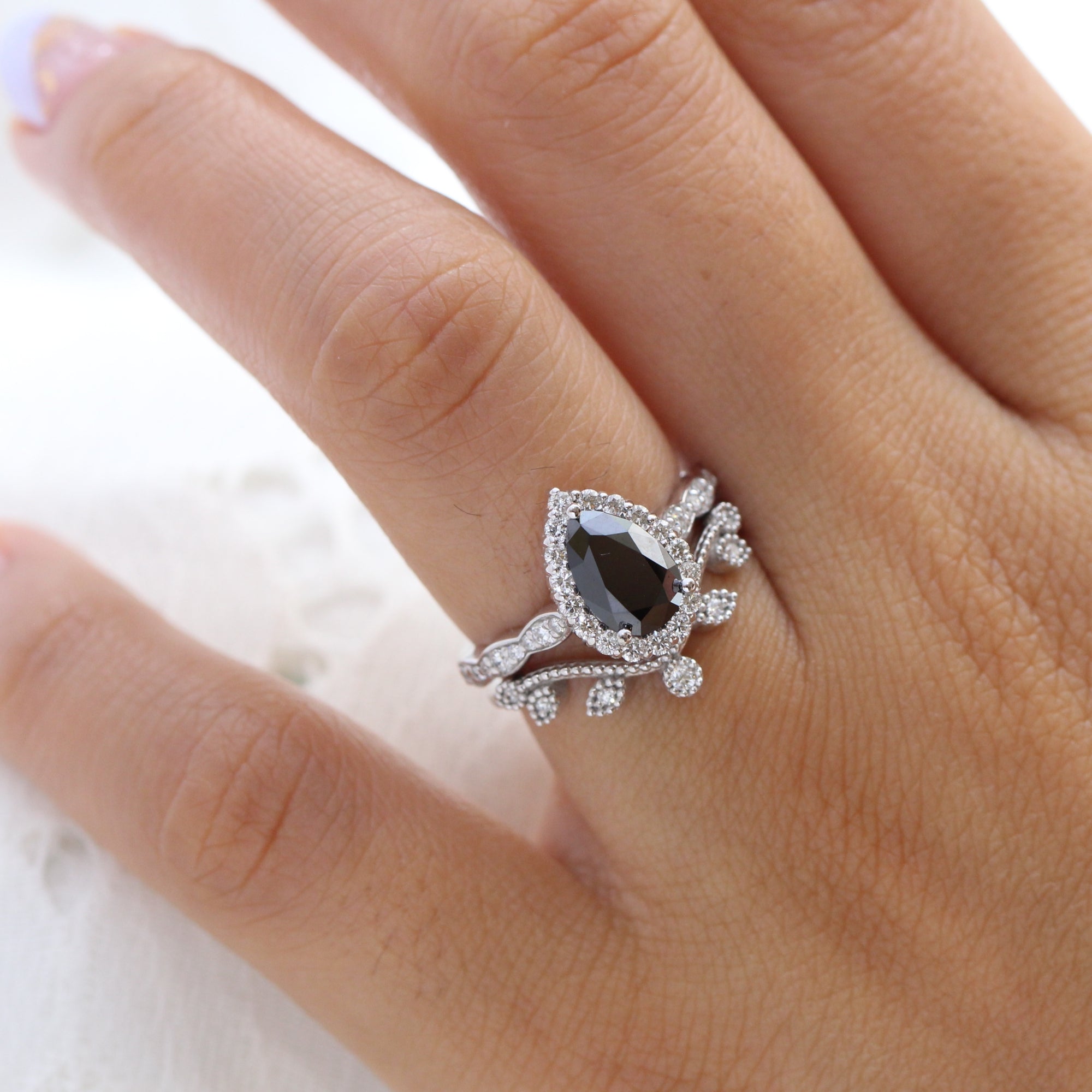 Pear black diamond engagement ring white gold leaf diamond wedding band bridal ring set la more design jewelry