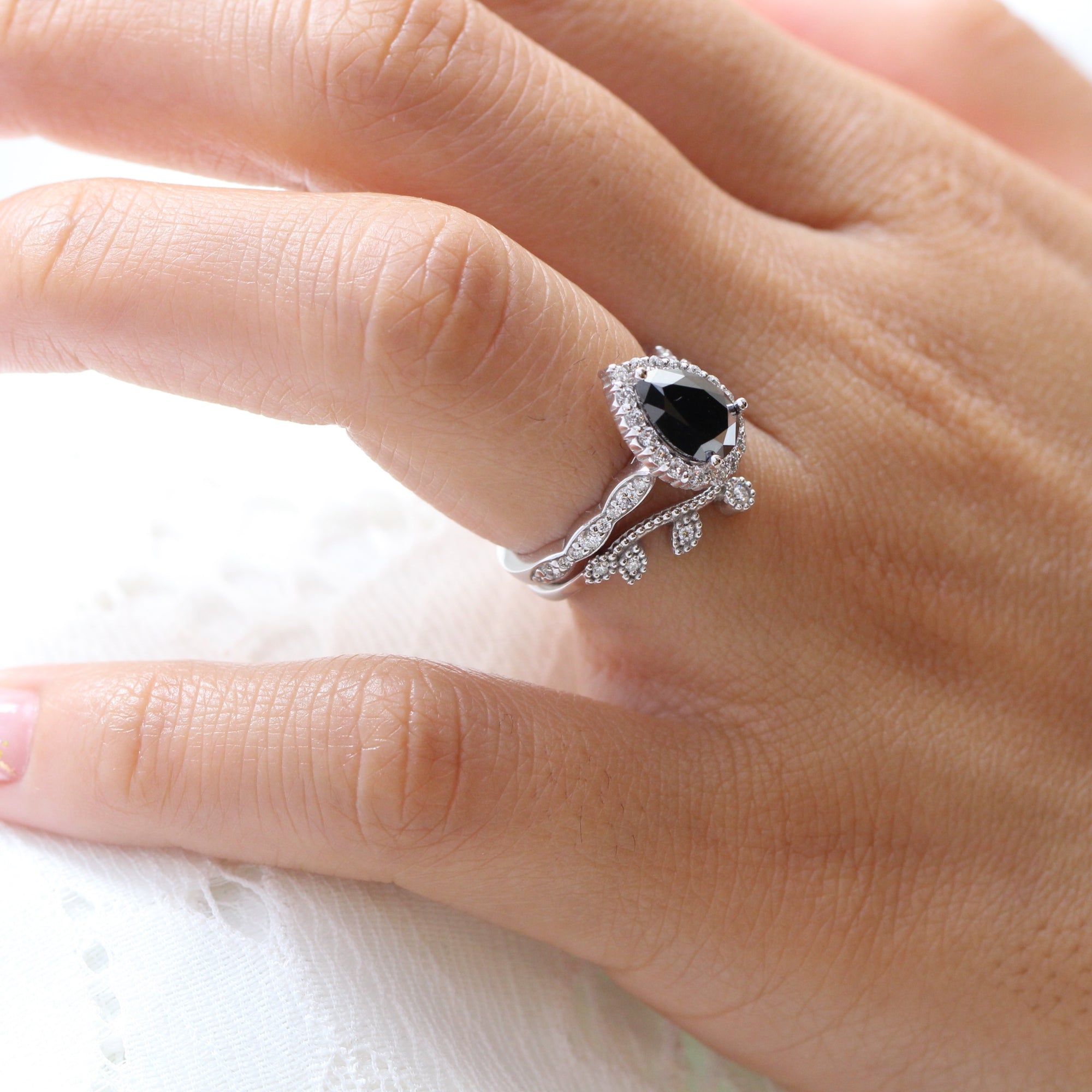 Pear black diamond engagement ring white gold leaf diamond wedding band bridal ring set la more design jewelry