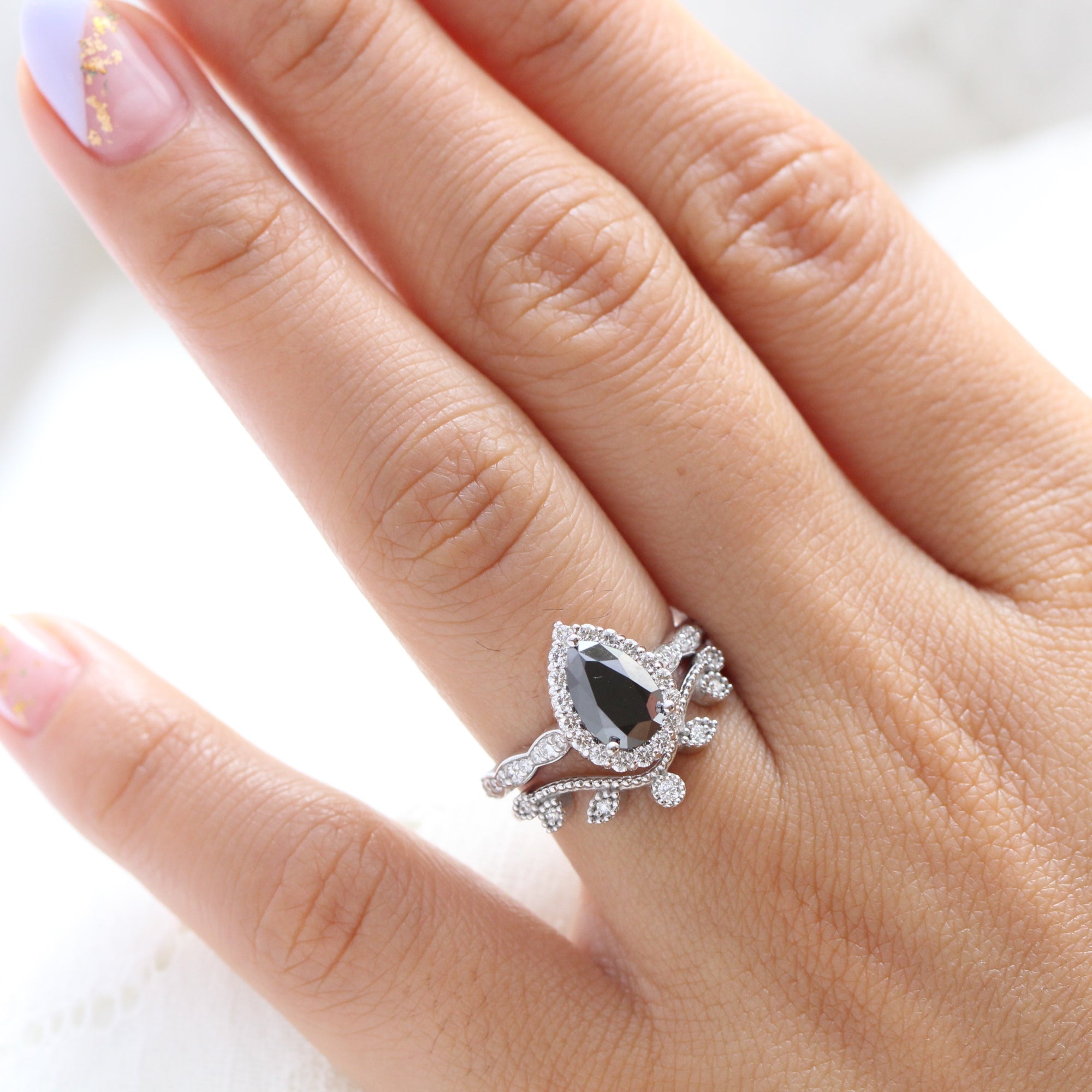 Pear black diamond engagement ring white gold leaf diamond wedding band bridal ring set la more design jewelry