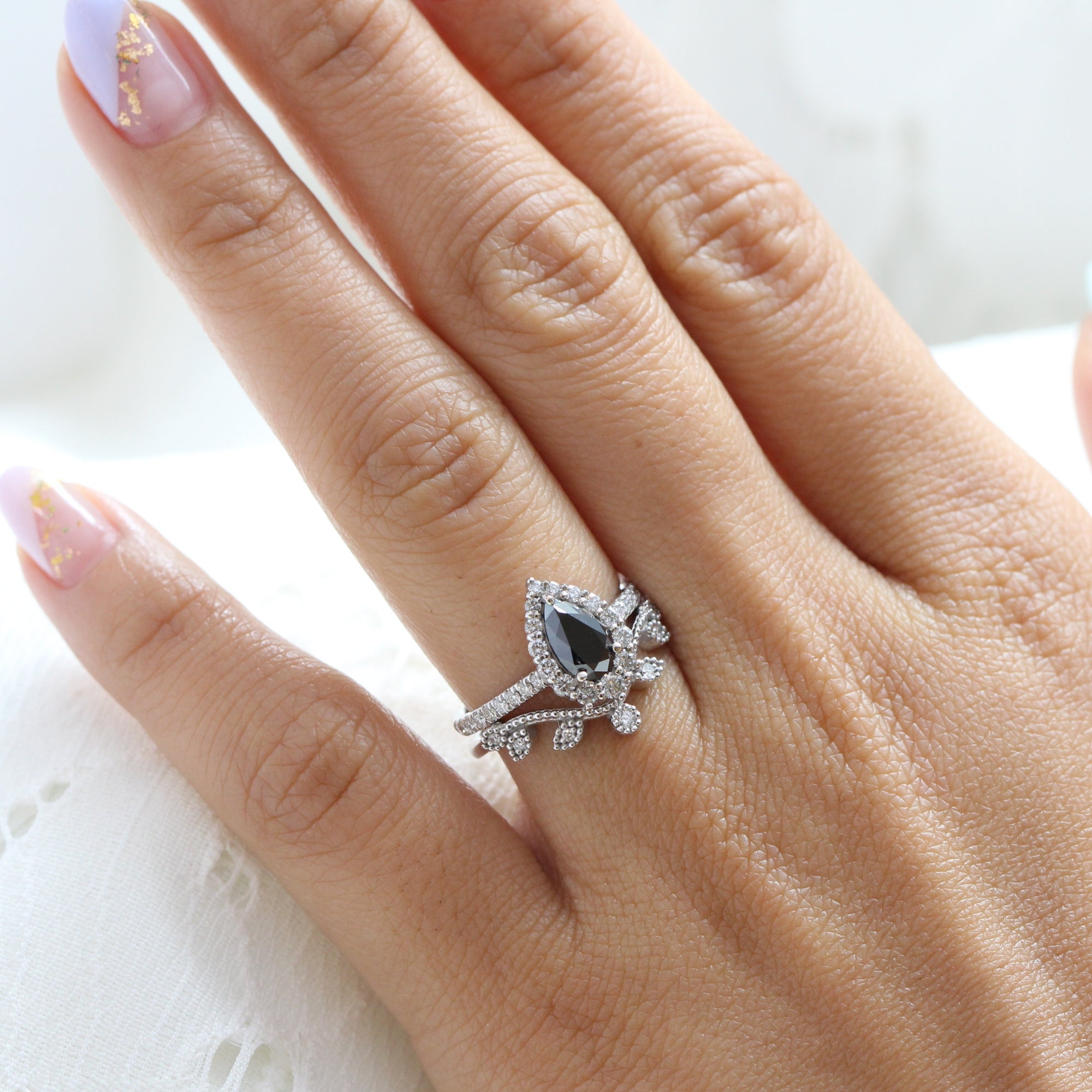Pear black diamond engagement ring white gold leaf diamond wedding band bridal ring set la more design jewelry