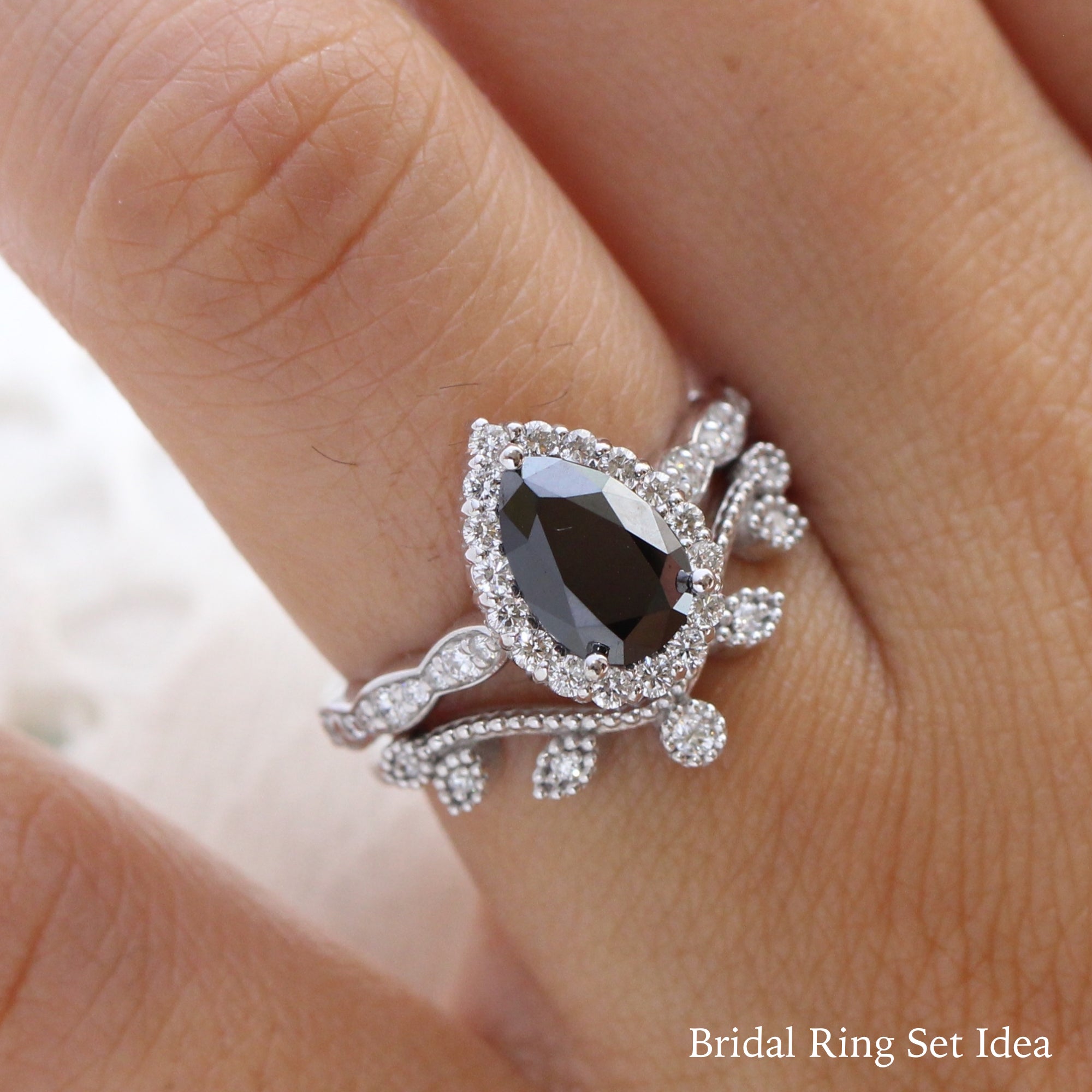 Pear black diamond engagement ring white gold leaf diamond wedding band bridal ring set la more design jewelry