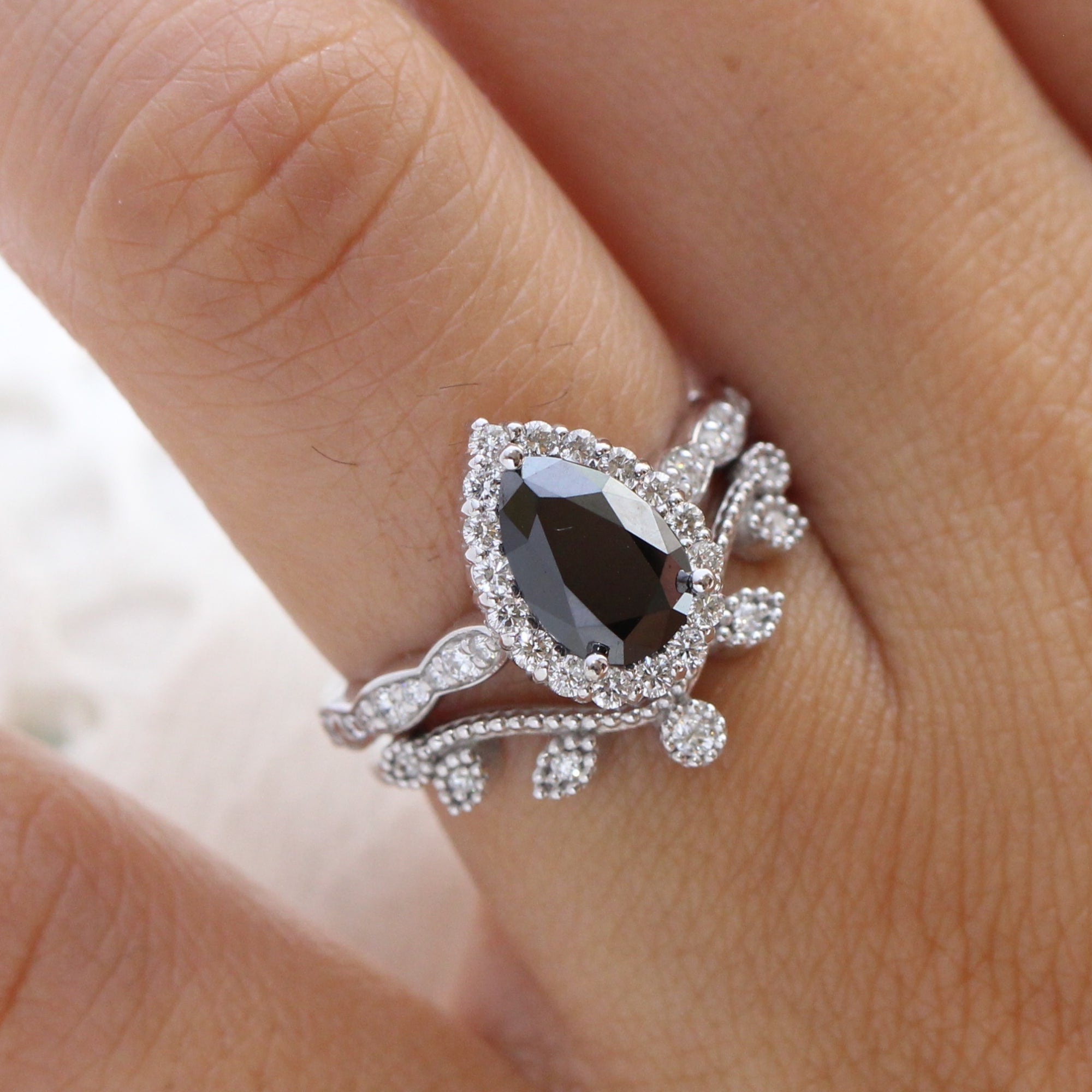 Pear black diamond engagement ring white gold leaf diamond wedding band bridal ring set la more design jewelry