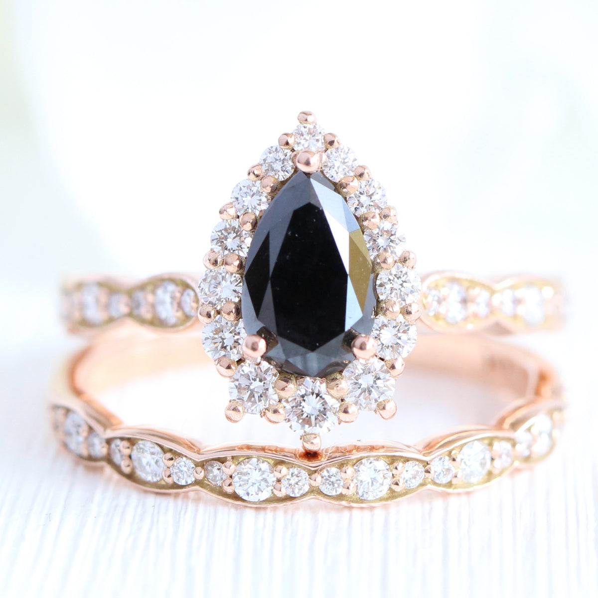 Pear black diamond engagement ring white gold matching diamond wedding band bridal ring set la more design jewelry