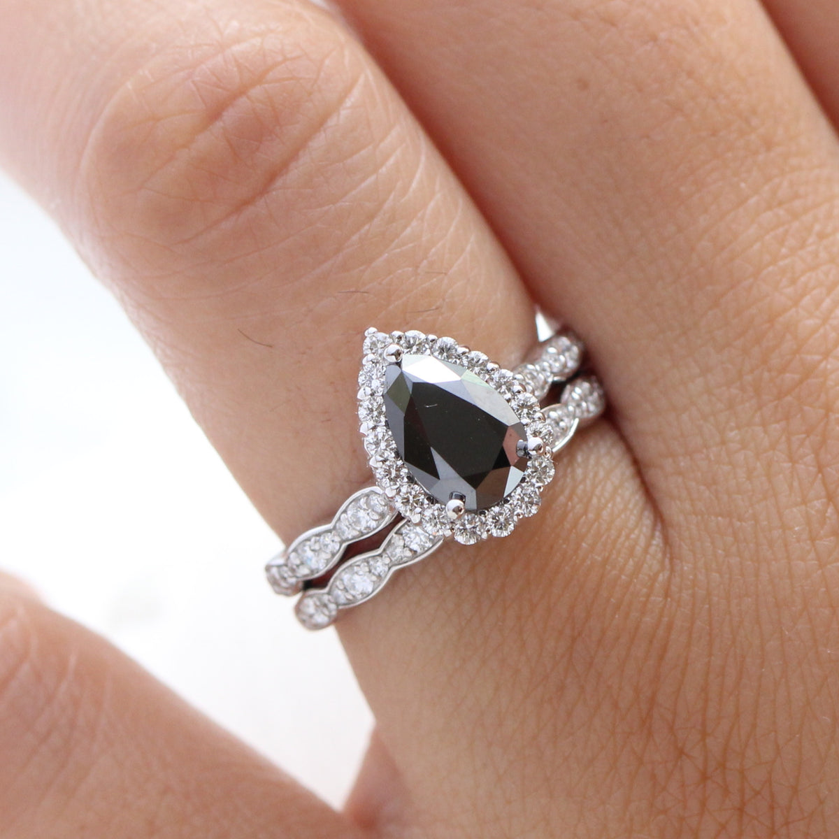 Pear black diamond engagement ring white gold matching diamond wedding band bridal ring set la more design jewelry