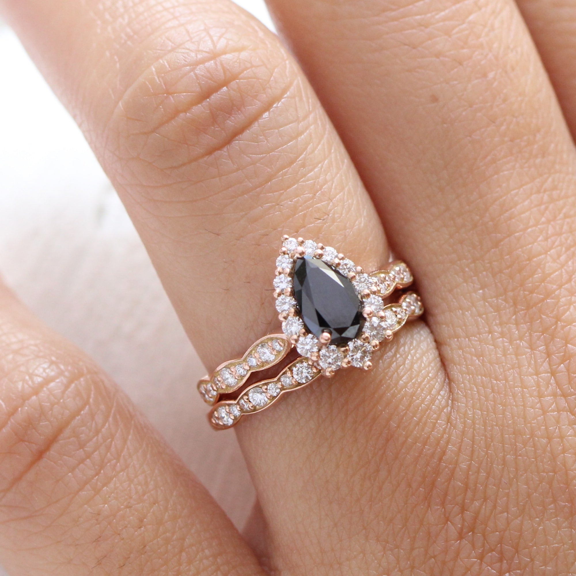 Pear black diamond engagement ring white gold matching diamond wedding band bridal ring set la more design jewelry