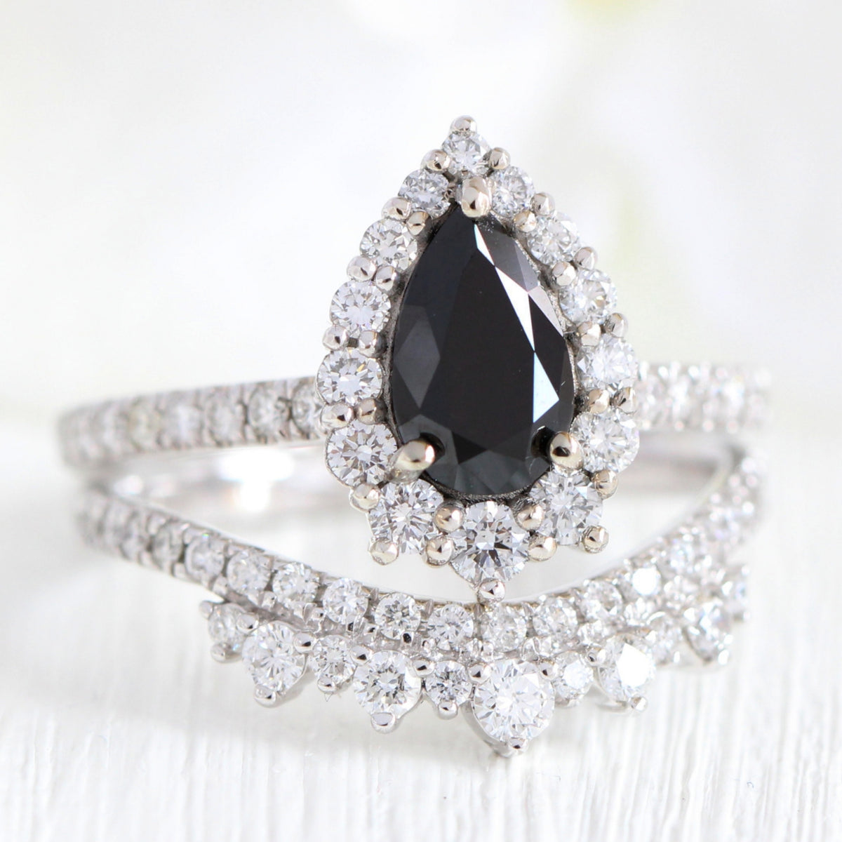 Pear black diamond engagement ring white gold u shaped diamond wedding band bridal ring set la more design jewelry