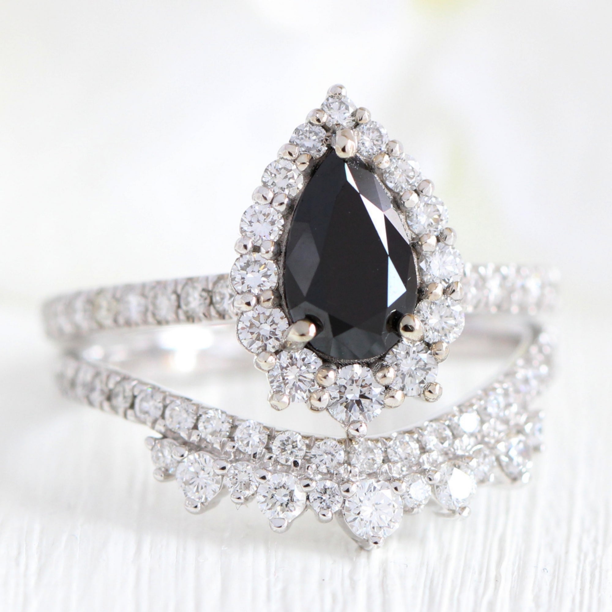 Pear black diamond engagement ring white gold u shaped diamond wedding band bridal ring set la more design jewelry