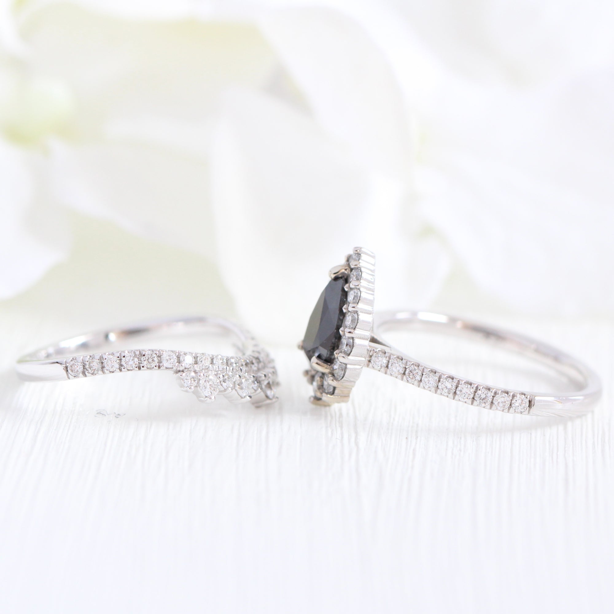 Pear black diamond engagement ring white gold u shaped diamond wedding band bridal ring set la more design jewelry
